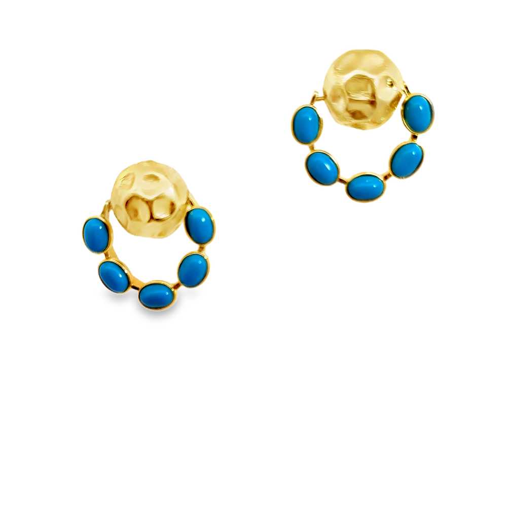 Elegant 22K yellow gold plated drop earrings with hammered detailing and vibrant created turquoise accents. A chic statement piece for every occasion. Shop premium jewelry online.