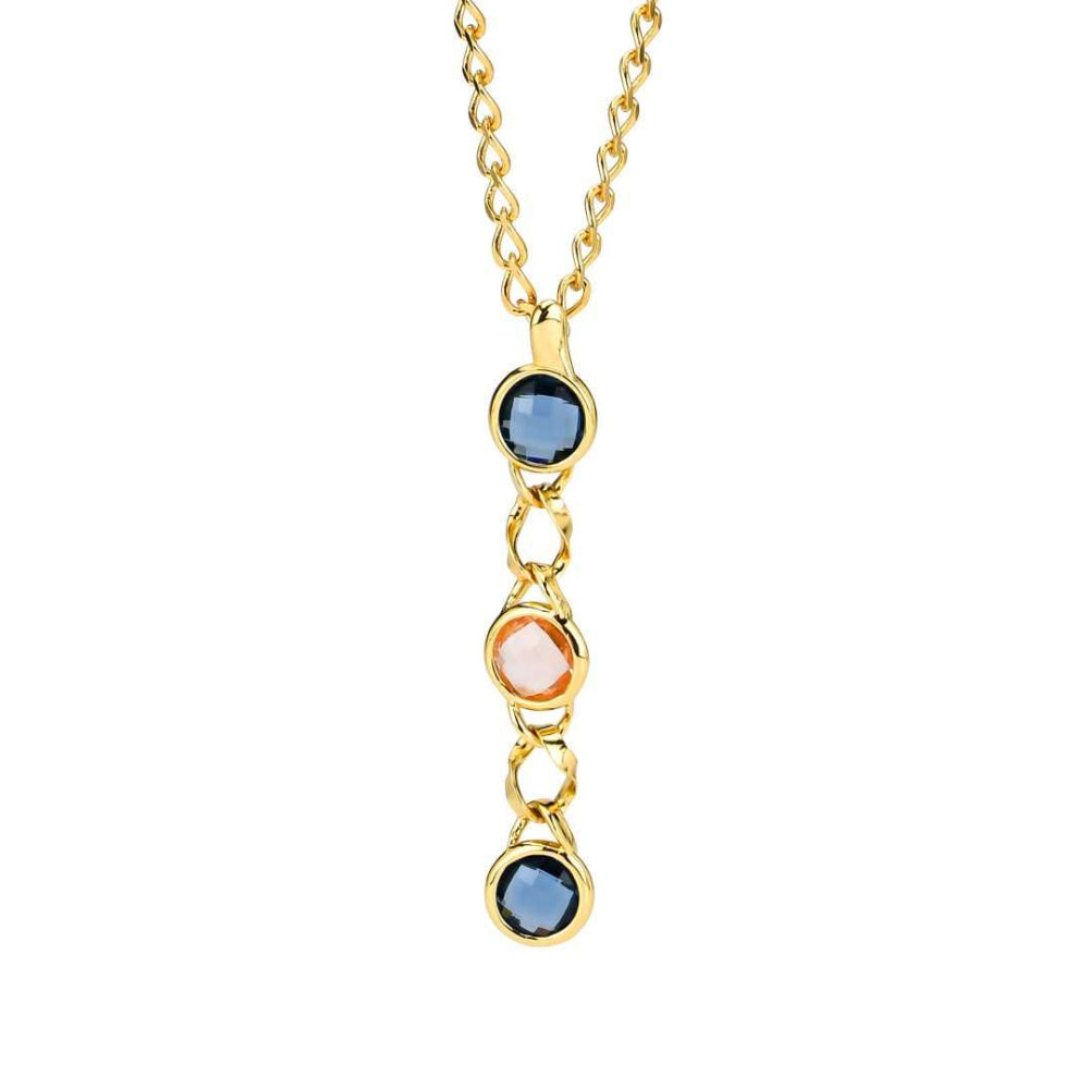 Shop online premium gold necklace with blue sapphire and peach colored crystal pendants for elegant styling.