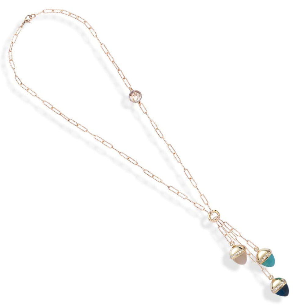 Shop online premium yellow gold necklace with amazonite, moonstone, emerald crystals and cubic zirconia details.