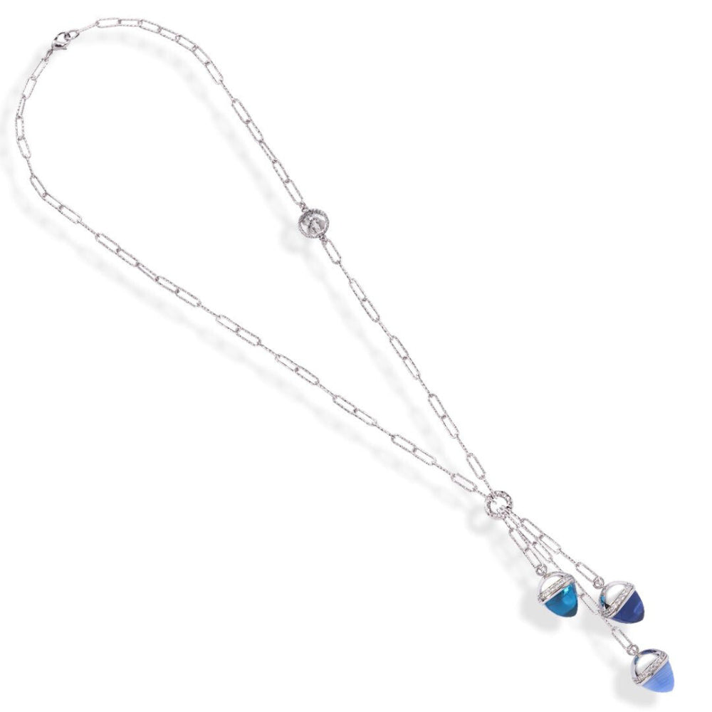 Shop online premium rhodium plated necklace with blue chalcedony, sapphire, aquamarine crystals and sparkling CZ stones.