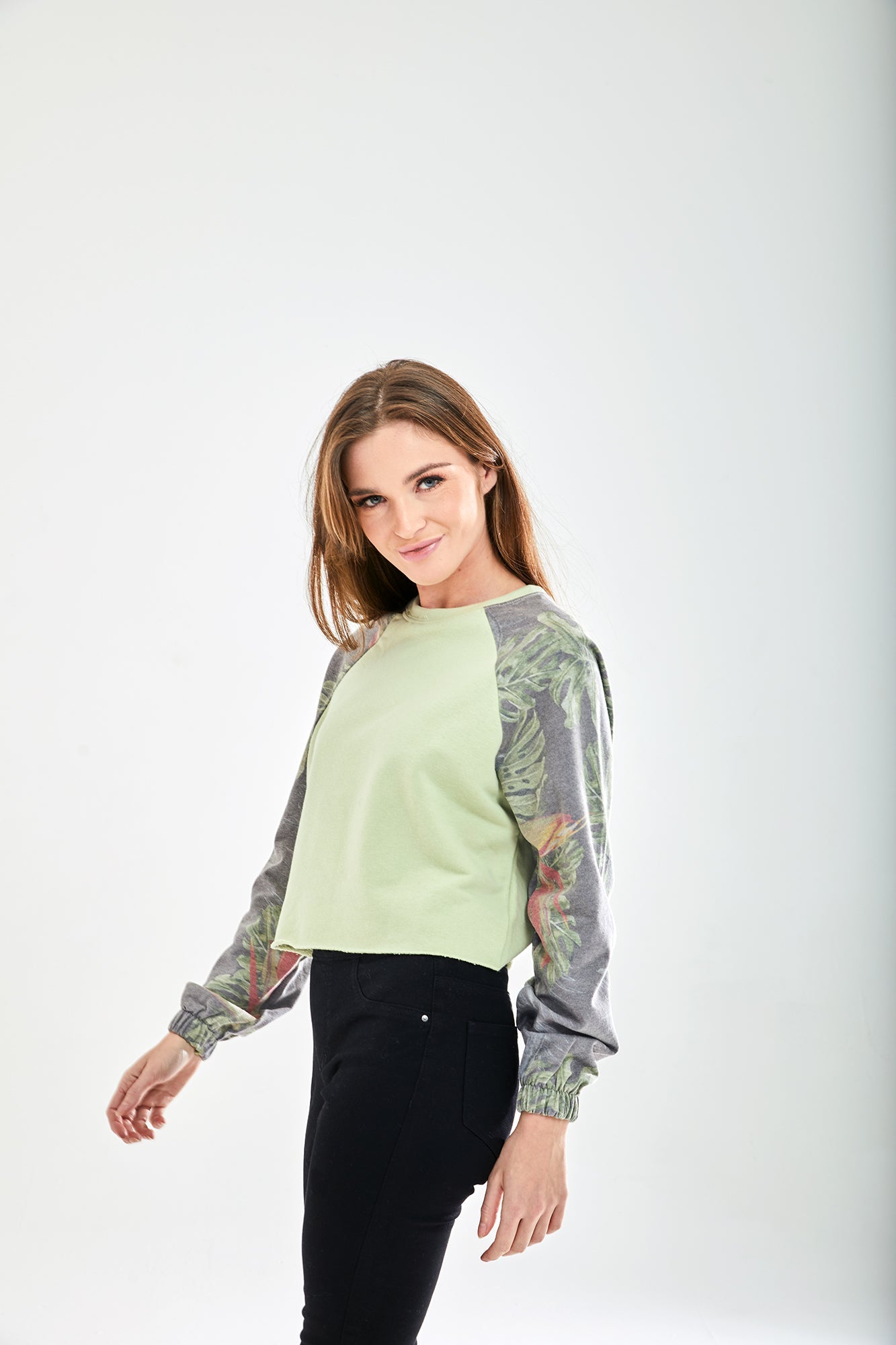 Women's Printed Raglan Sleeve Crop Sweat - Long sleeves, elasticated cuffs, regular fit, available in UK sizes 8-12.