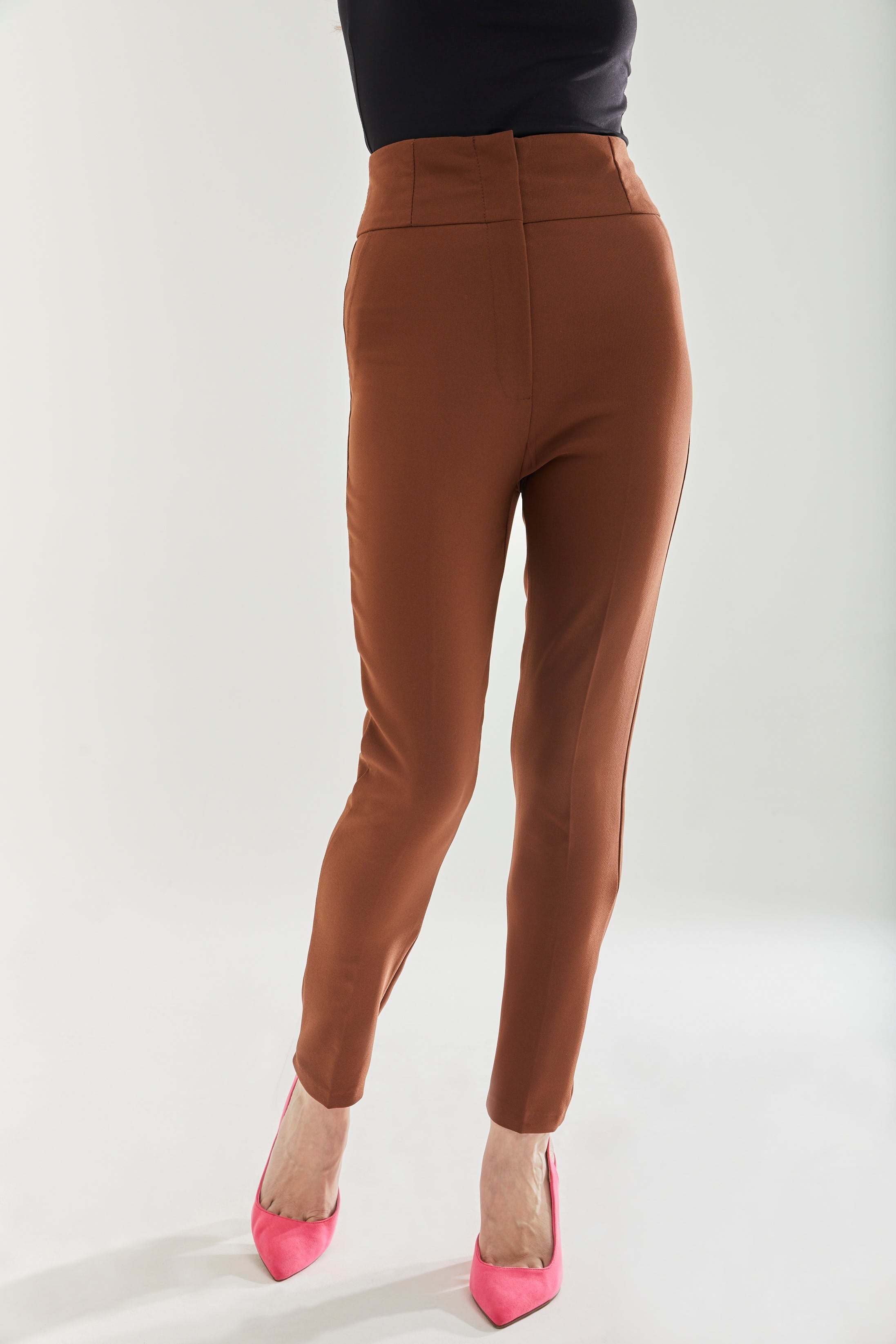 Women's Trousers - Plain Brown Skinny Fit Ankle Length with Zip Closure - Liquorish