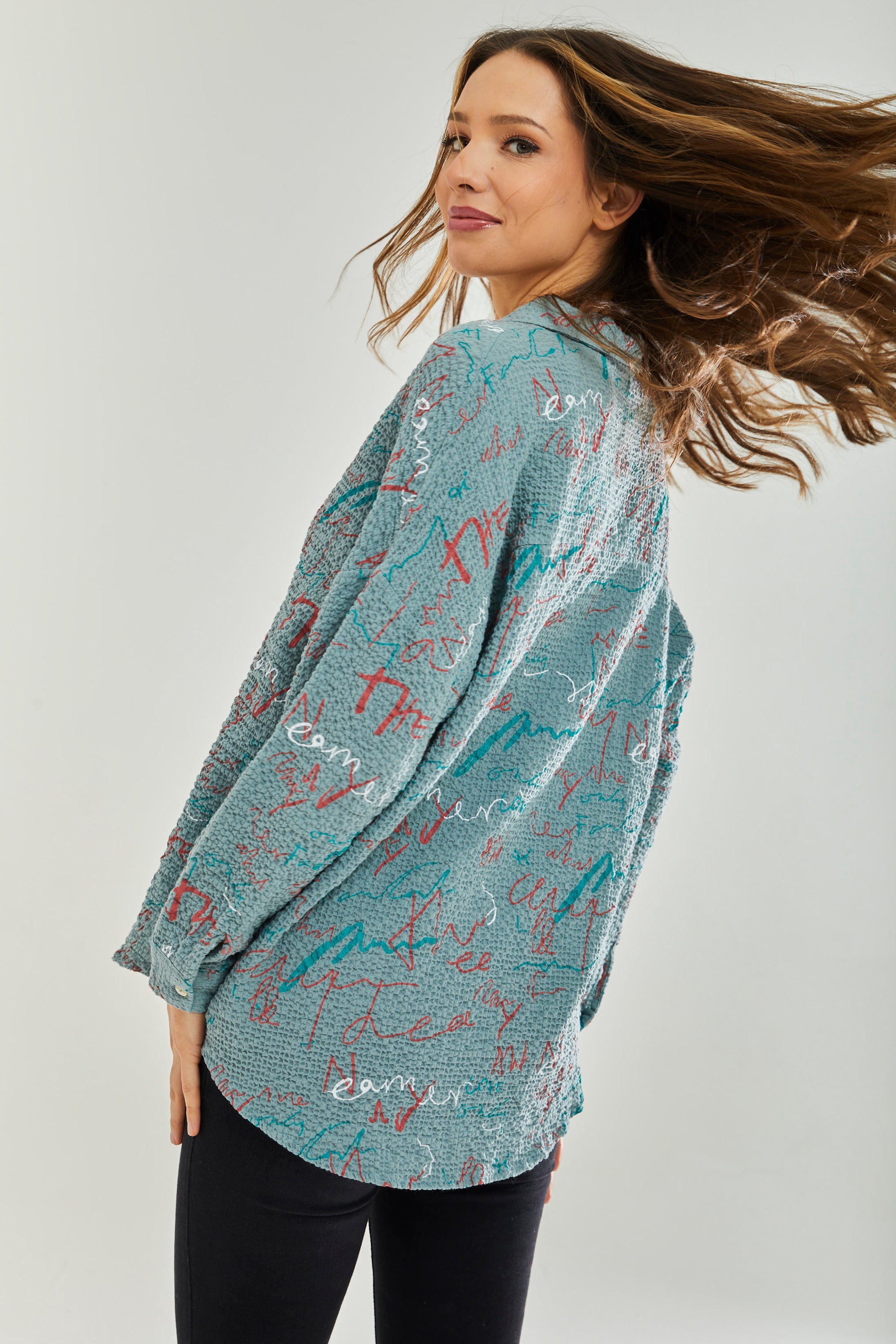 Women’s Shirt with Multicolour Signature Pattern in Mint - Collar & cuffs, Full length sleeves, Regular fit, UK sizes 8-12.
