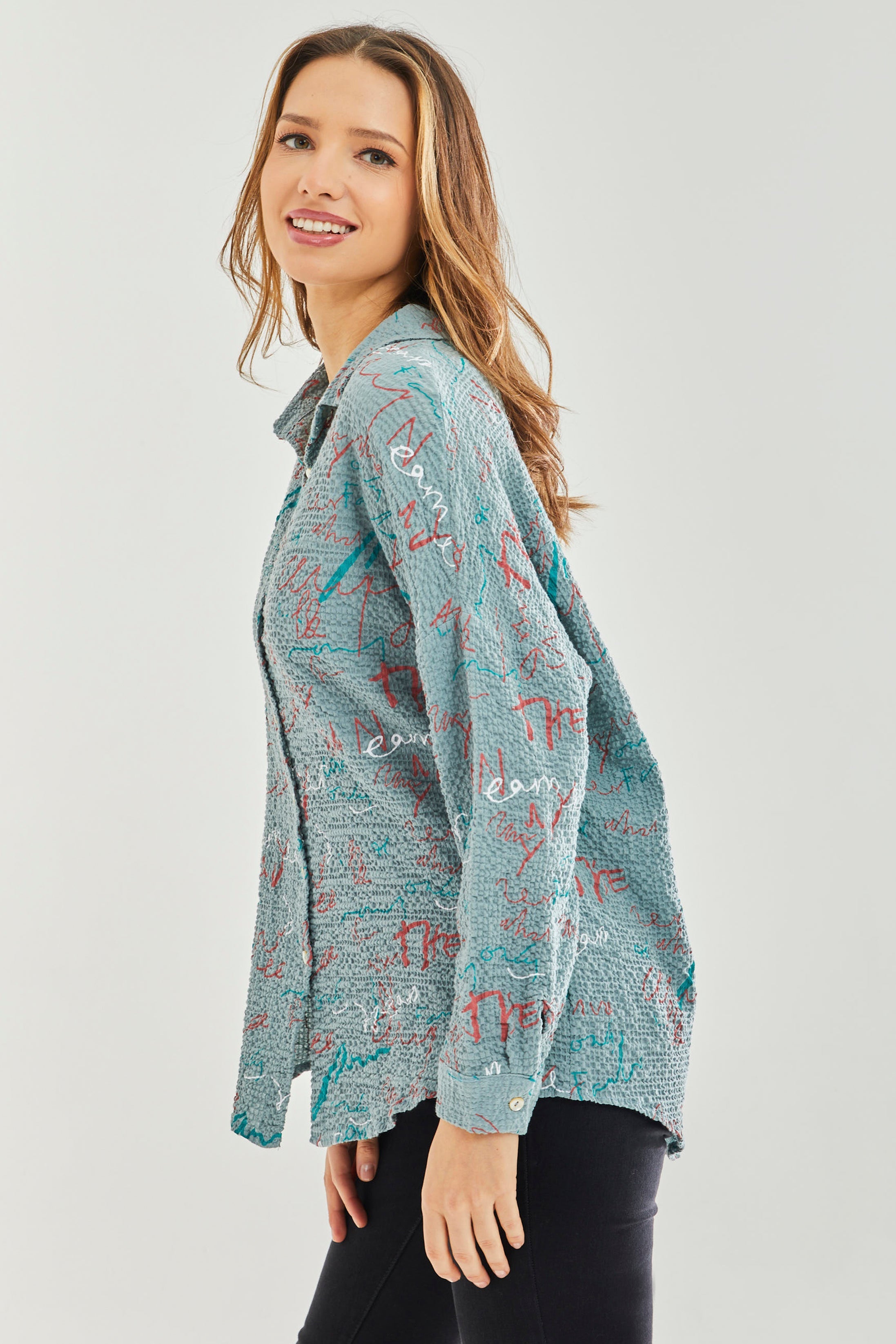 Women’s Shirt with Multicolour Signature Pattern in Mint - Collar & cuffs, Full length sleeves, Regular fit, UK sizes 8-12.