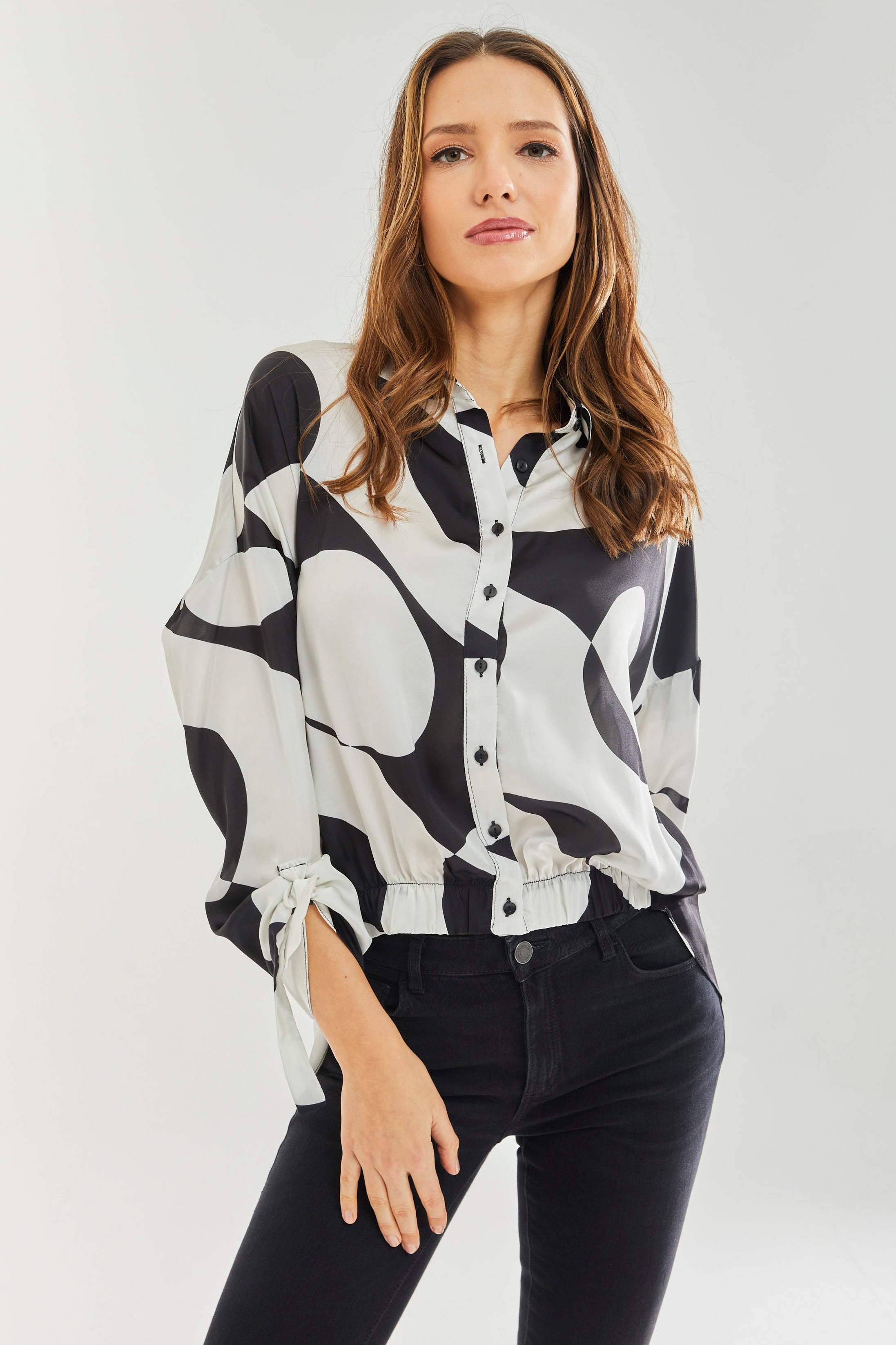 Women's Blouse with Oversized Polka Stripe Pattern in Black & White, Full Length Sleeve, Elastic Tie Back Waist, Stylish Detail