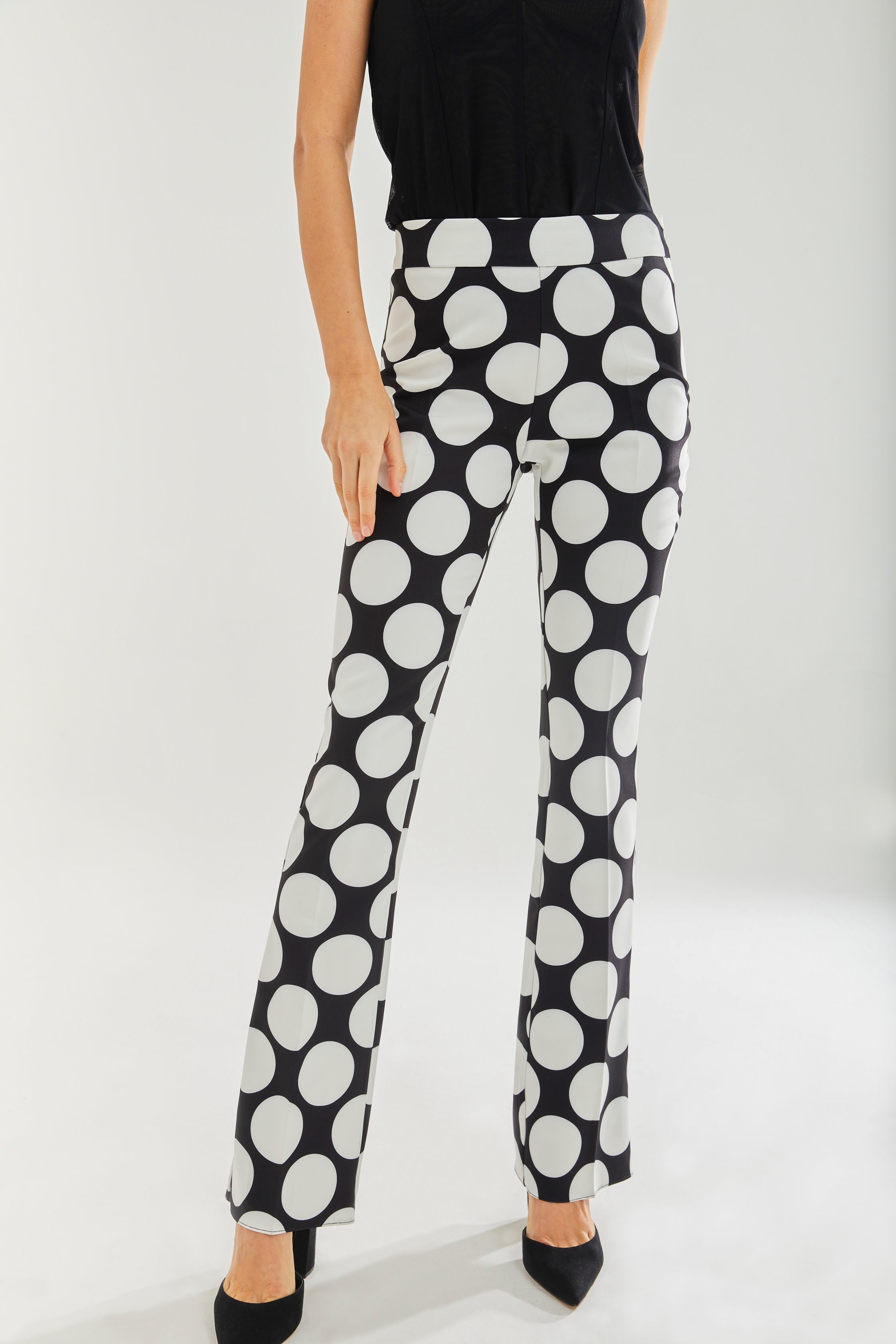 Women's Oversized Black & White Polka Dot Wide Leg Trousers with Regular Fit and Comfortable Stretch