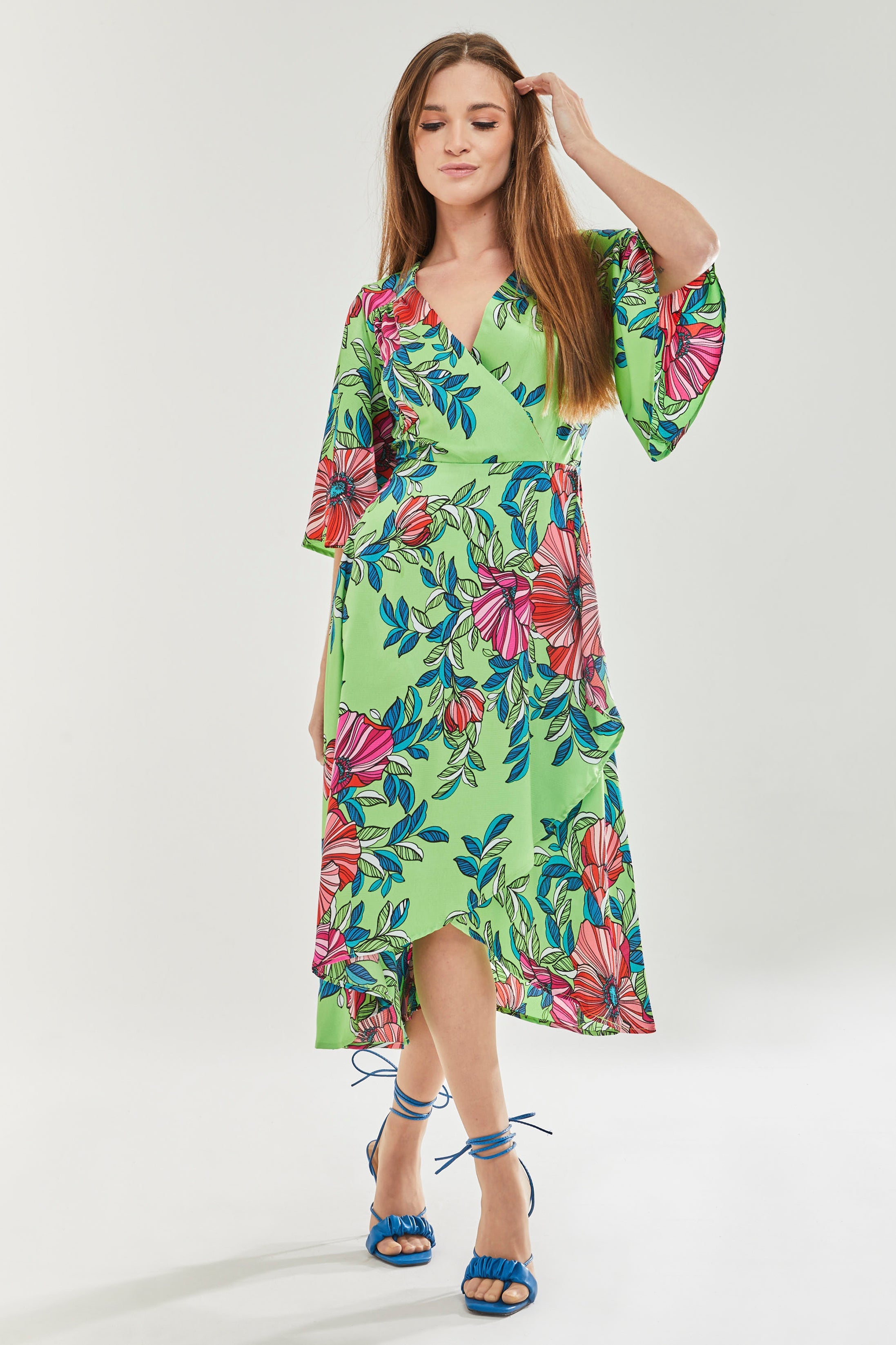 Women's Midi Wrap Dress in Green with Flared Sleeves - Elegant Floral Design by Liquorish