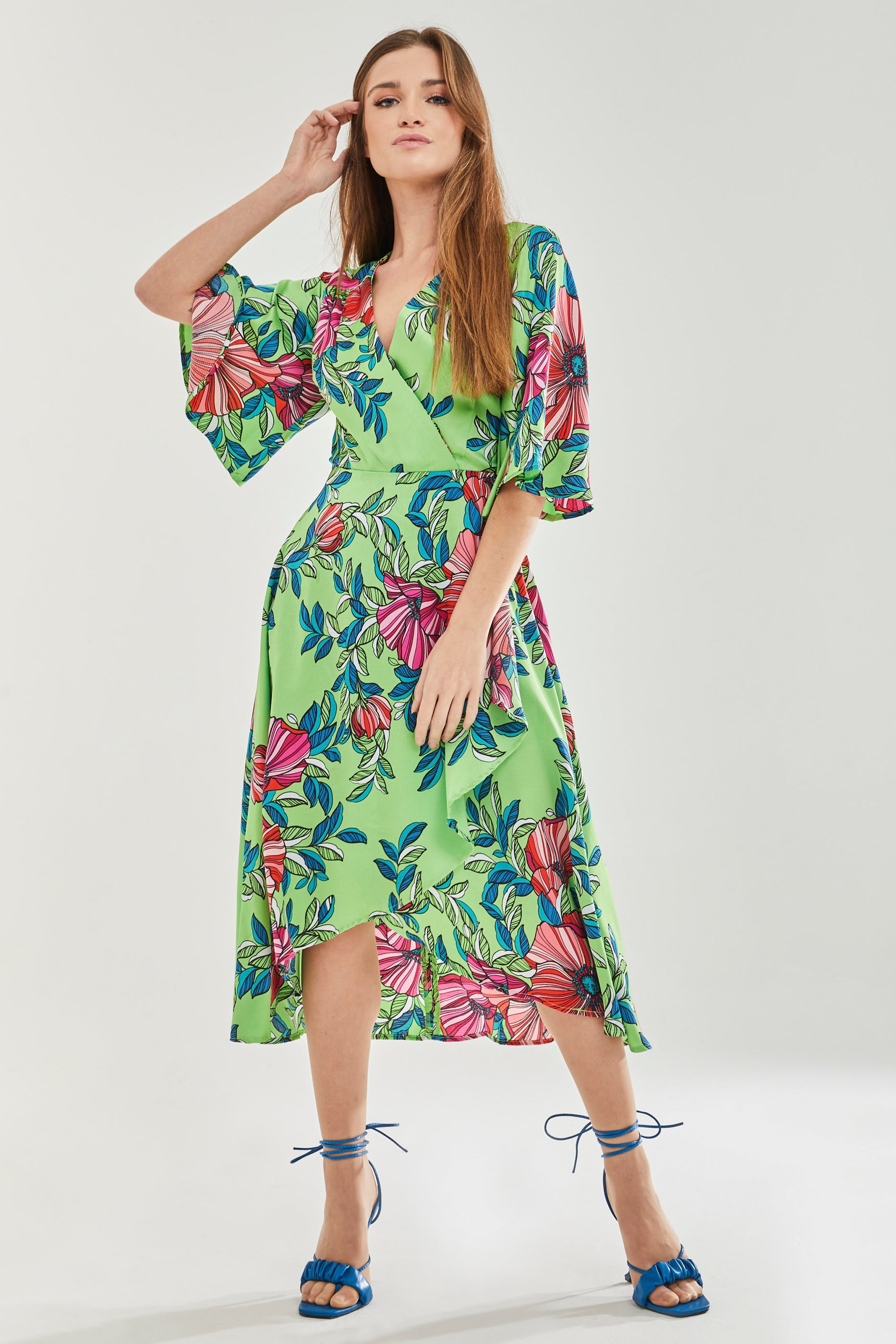 Women's Midi Wrap Dress in Green with Flared Sleeves - Elegant Floral Design by Liquorish