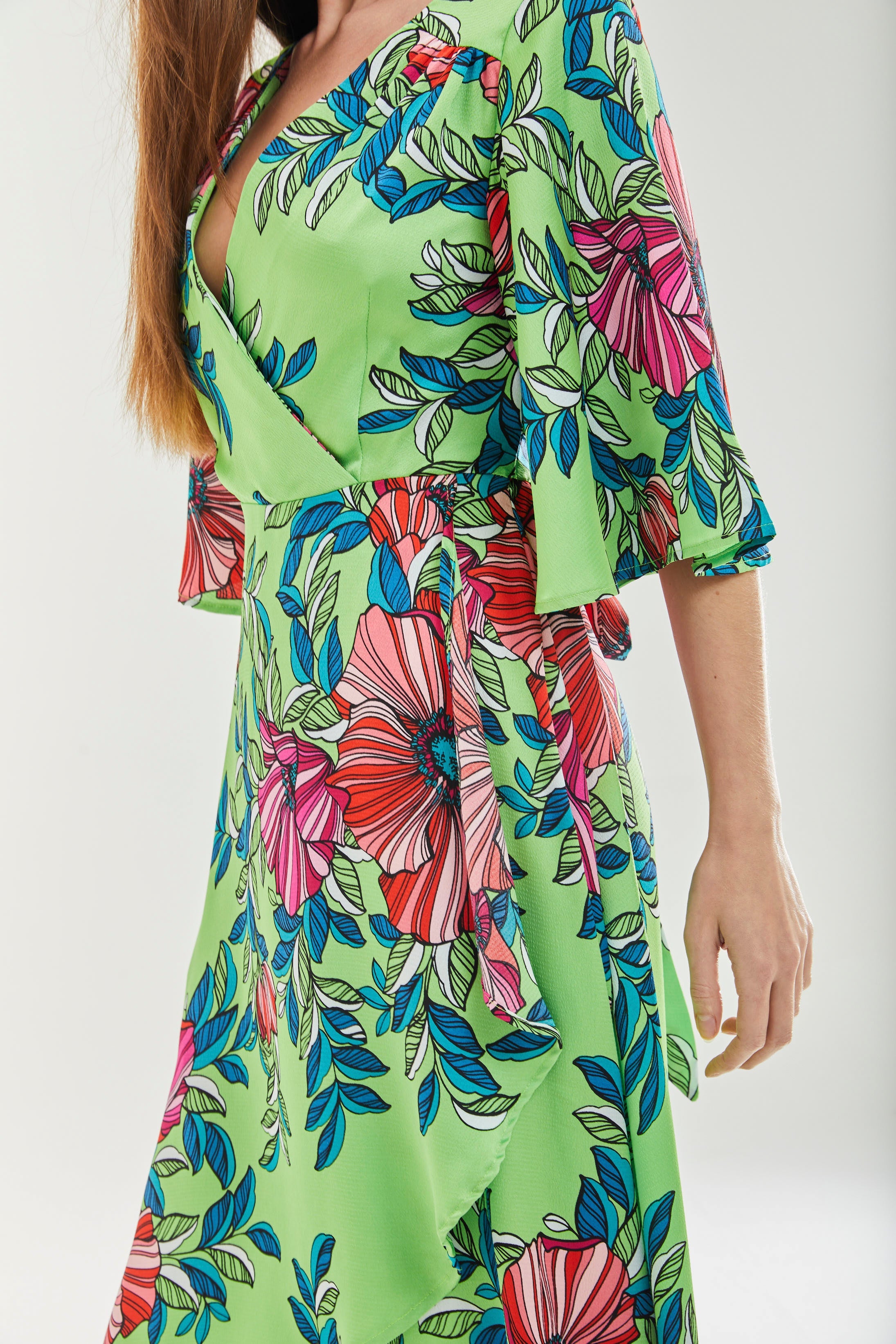 Women's Midi Wrap Dress in Green with Flared Sleeves - Elegant Floral Design by Liquorish