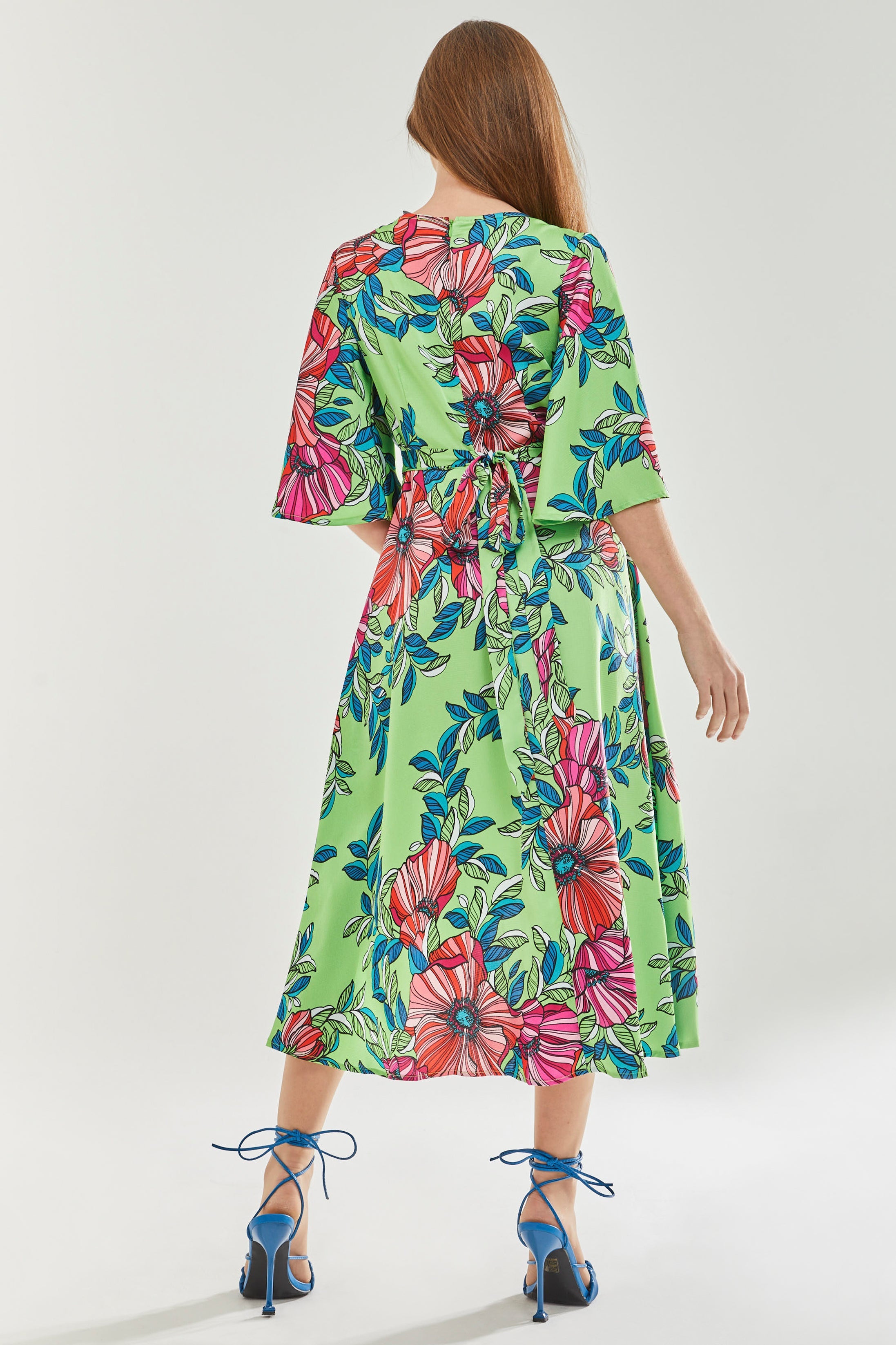 Women's Midi Wrap Dress in Green with Flared Sleeves - Elegant Floral Design by Liquorish