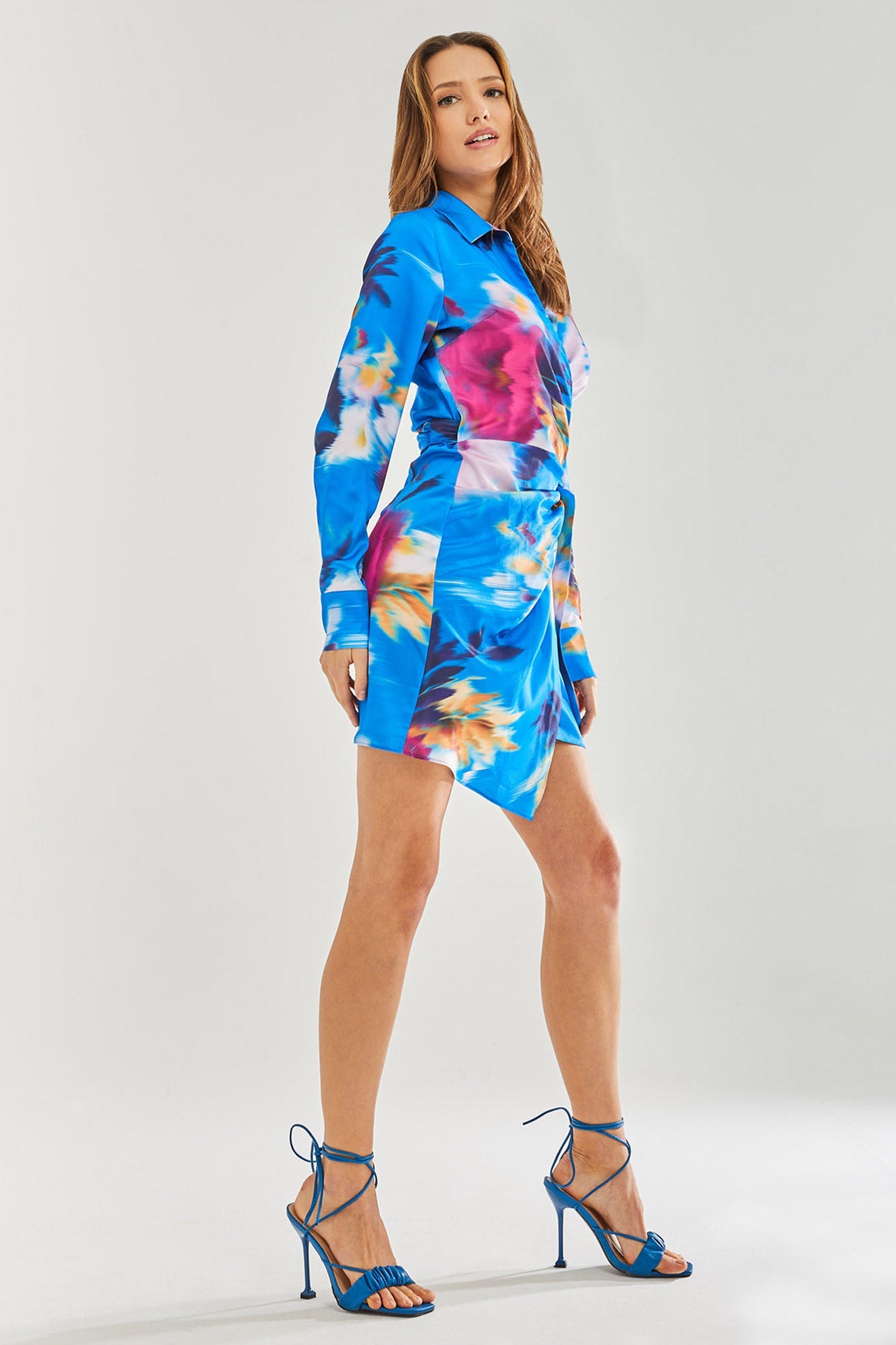 Women's Mini Dress in Blue Floral Satin with Long Sleeves and Waist Tie - Stylish Wrap Design by Liquorish