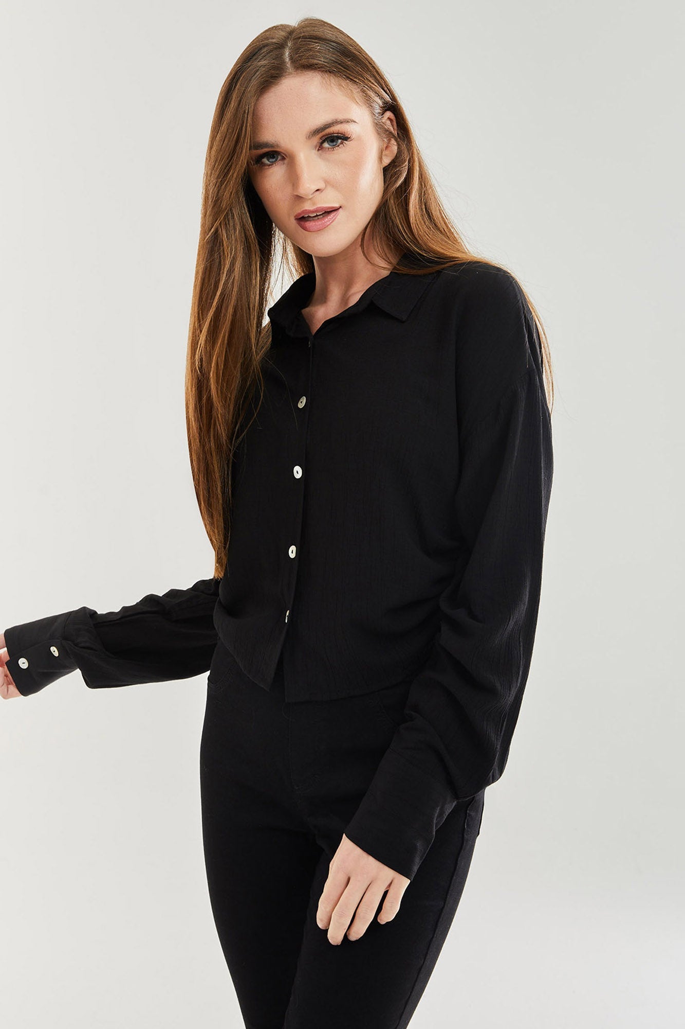 Women's Black Tie Side Blouse - Classic Style, Full Length Sleeve, Regular Fit, Available in UK Sizes 8-12.
