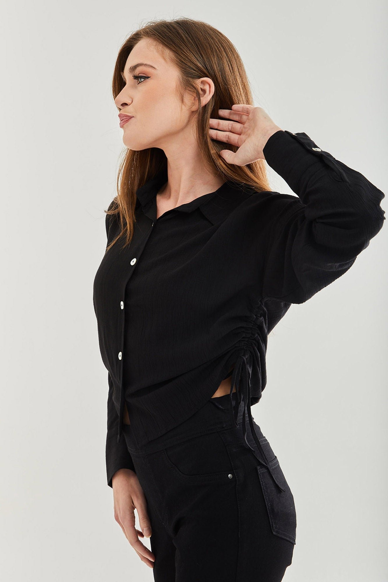 Women's Black Tie Side Blouse - Classic Style, Full Length Sleeve, Regular Fit, Available in UK Sizes 8-12.