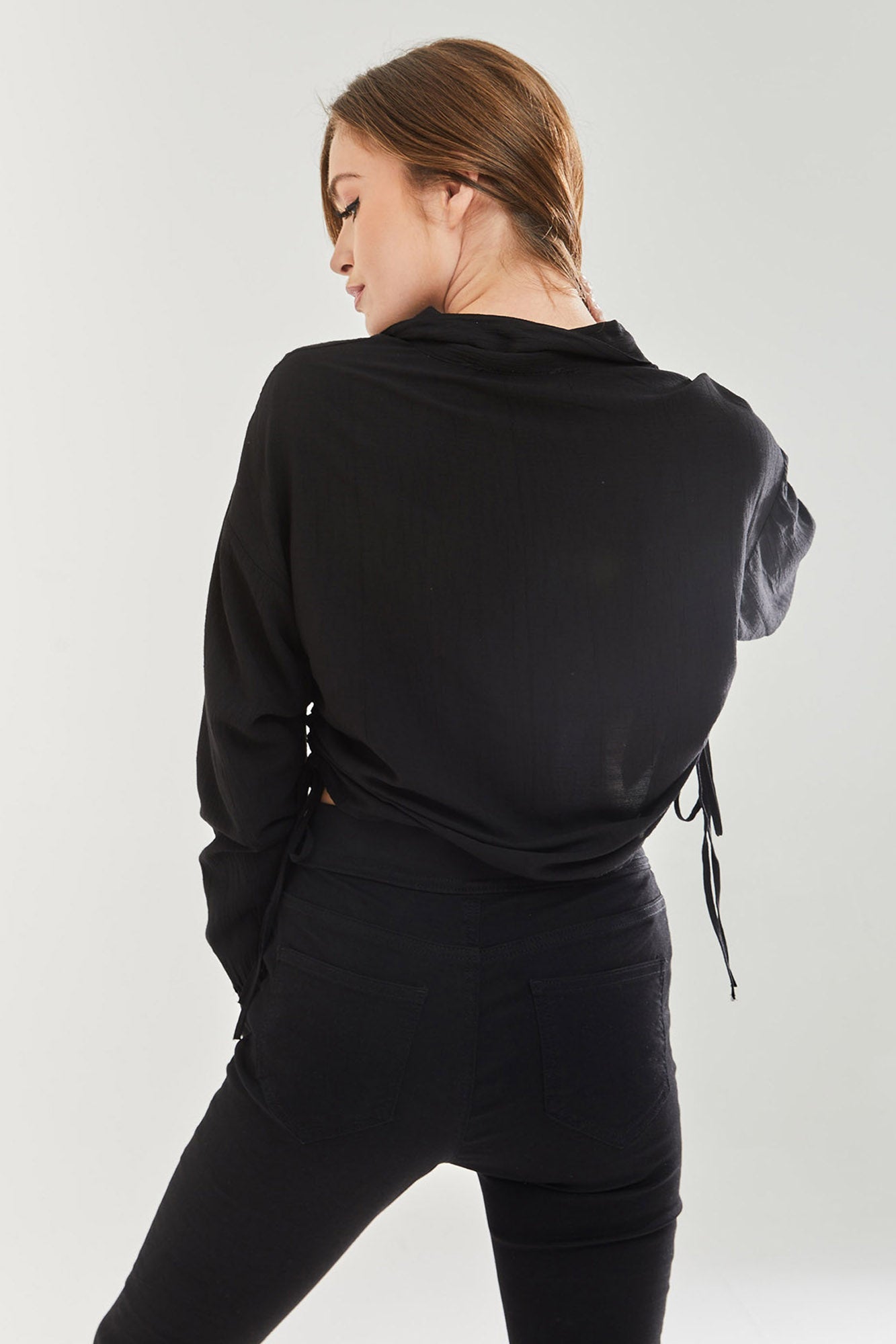 Women's Black Tie Side Blouse - Classic Style, Full Length Sleeve, Regular Fit, Available in UK Sizes 8-12.