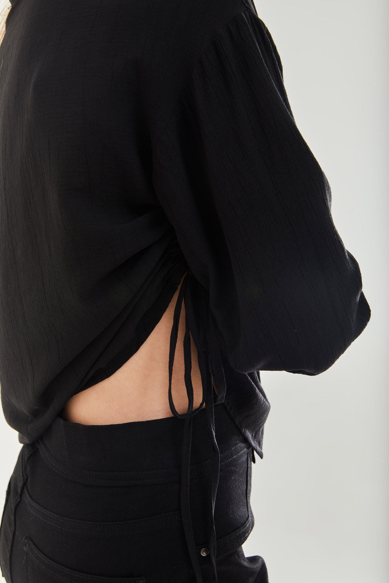 Women's Black Tie Side Blouse - Classic Style, Full Length Sleeve, Regular Fit, Available in UK Sizes 8-12.