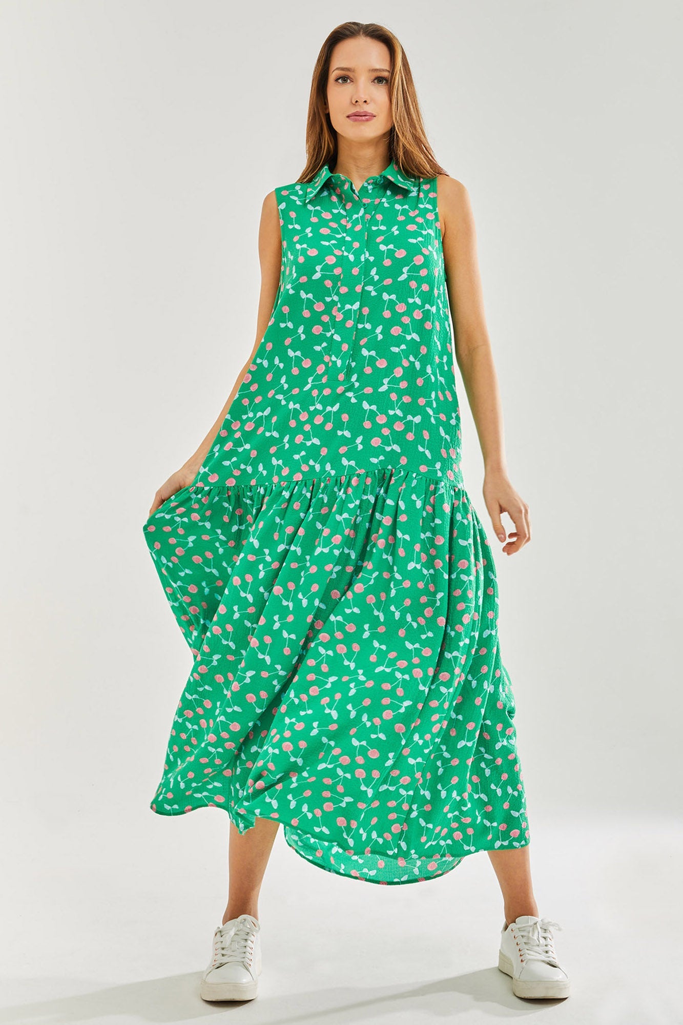 Women's Maxi Dress in Green with Sleeveless Design and Cherry Print by Liquorish
