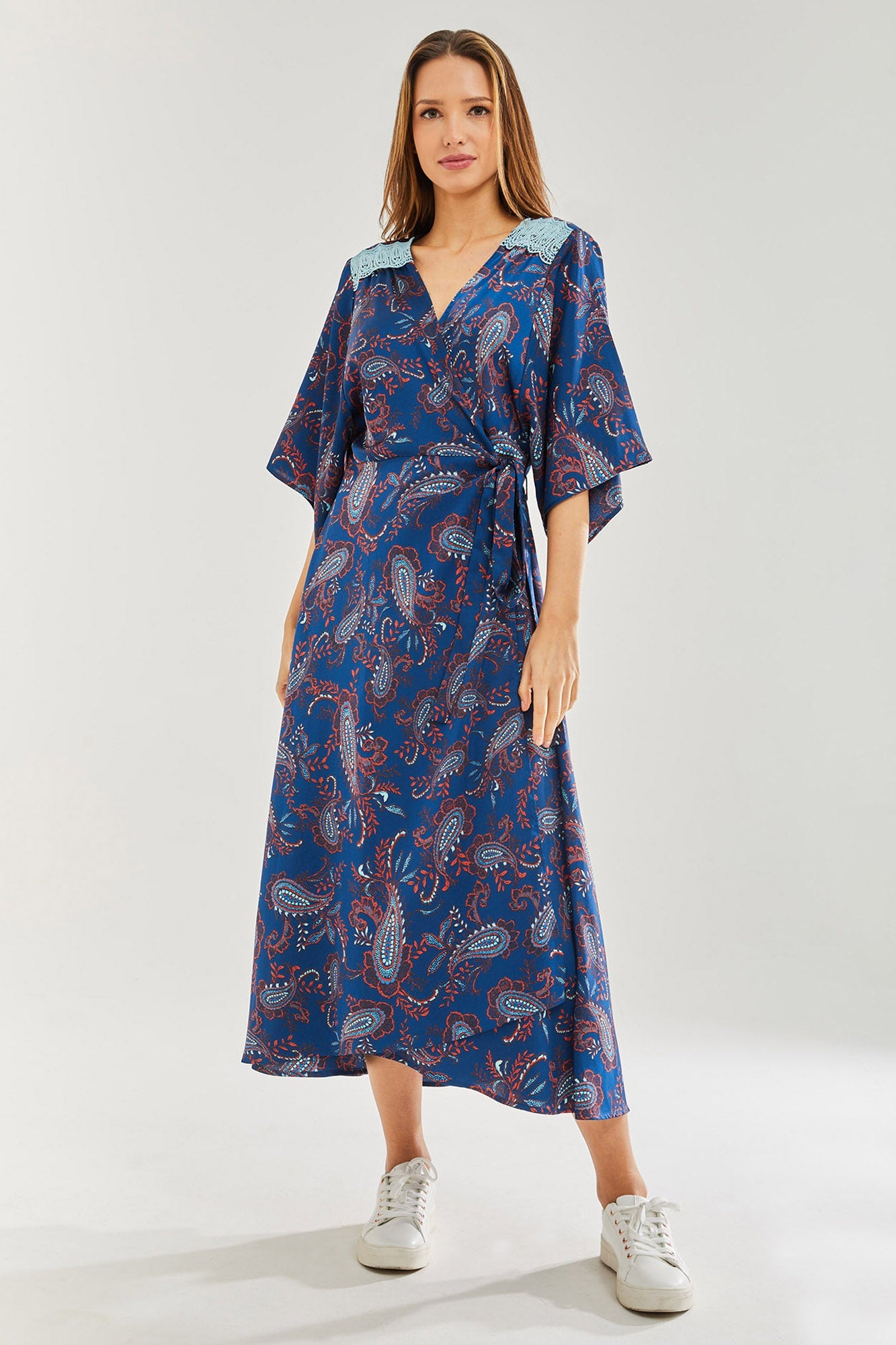 Women's Maxi Dress with Kimono Sleeves and Blue Lace Details in Navy Floral Print - Liquorish