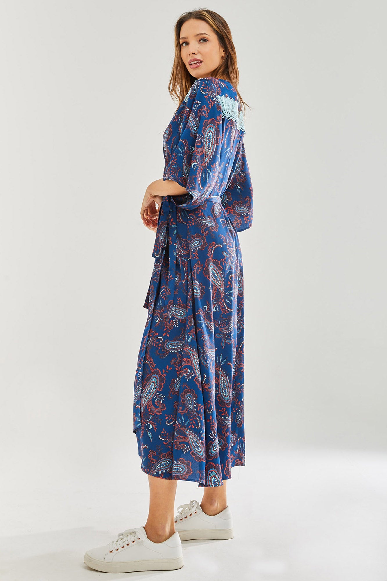 Women's Maxi Dress with Kimono Sleeves and Blue Lace Details in Navy Floral Print - Liquorish