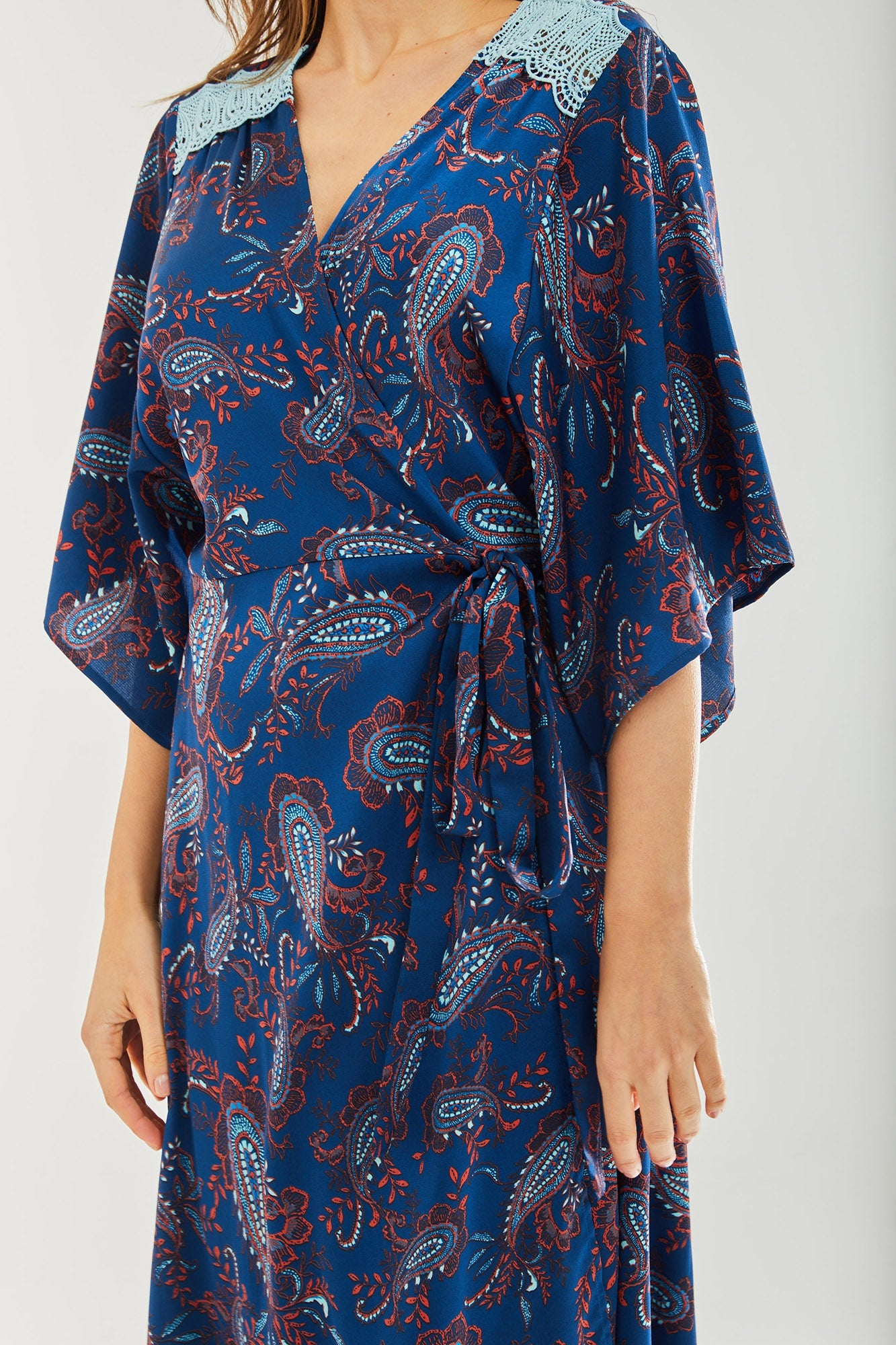 Women's Maxi Dress with Kimono Sleeves and Blue Lace Details in Navy Floral Print - Liquorish