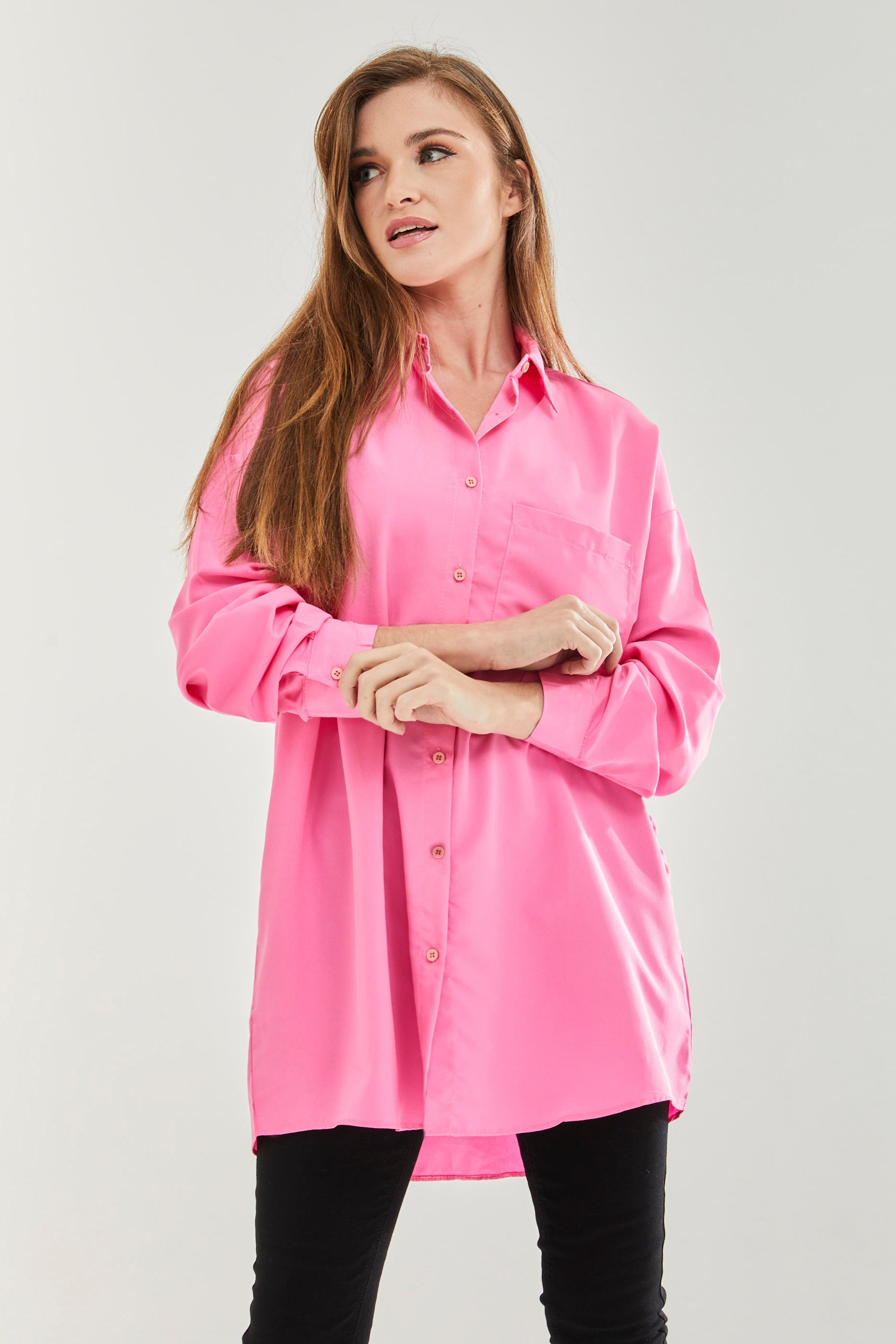 Women's Pink Oversized Shirt - Classic Style, Full Length Sleeves, Tie Side, Regular Fit, Available in Sizes S, M, L