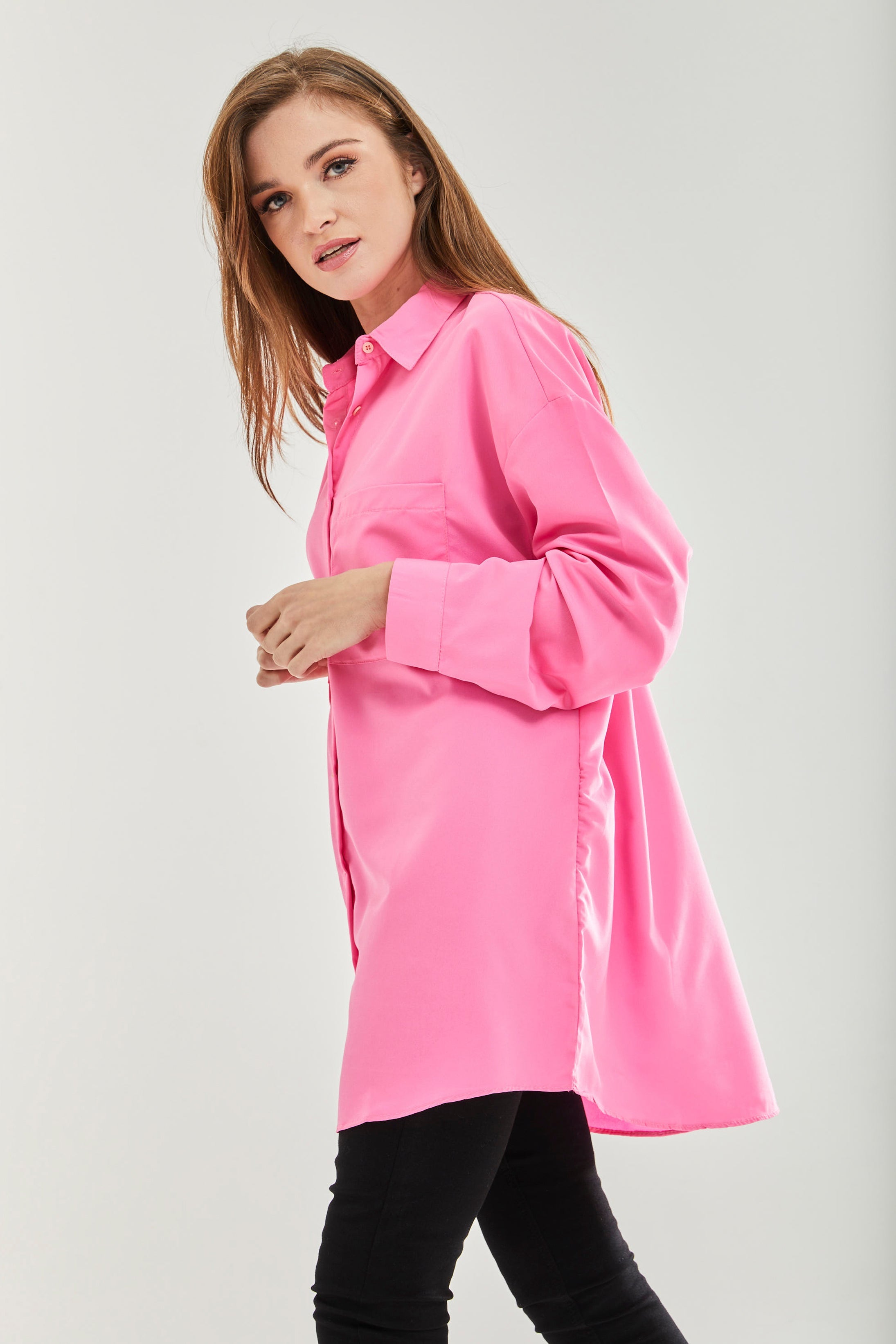 Women's Pink Oversized Shirt - Classic Style, Full Length Sleeves, Tie Side, Regular Fit, Available in Sizes S, M, L
