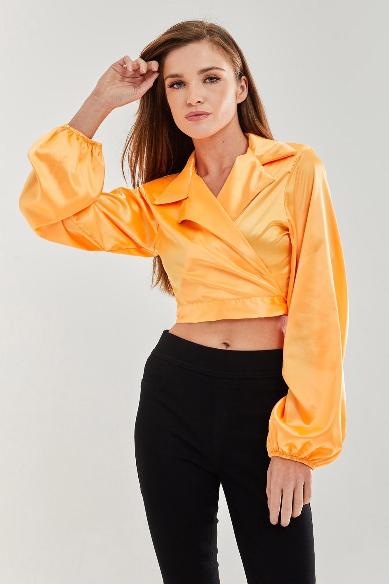 Women’s Satin Wrap Top in Orange - Crop length, collar, full length sleeves, regular fit, available in sizes 8-12.