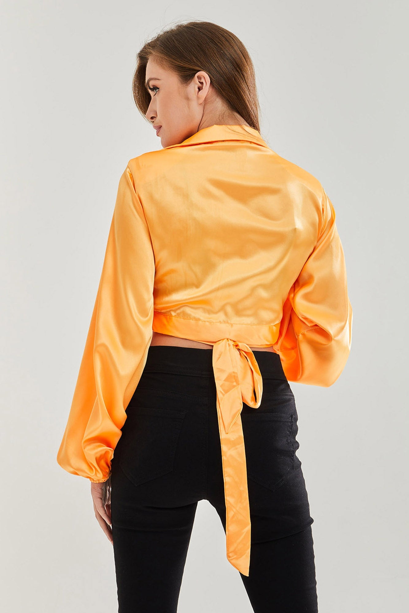 Women’s Satin Wrap Top in Orange - Crop length, collar, full length sleeves, regular fit, available in sizes 8-12.