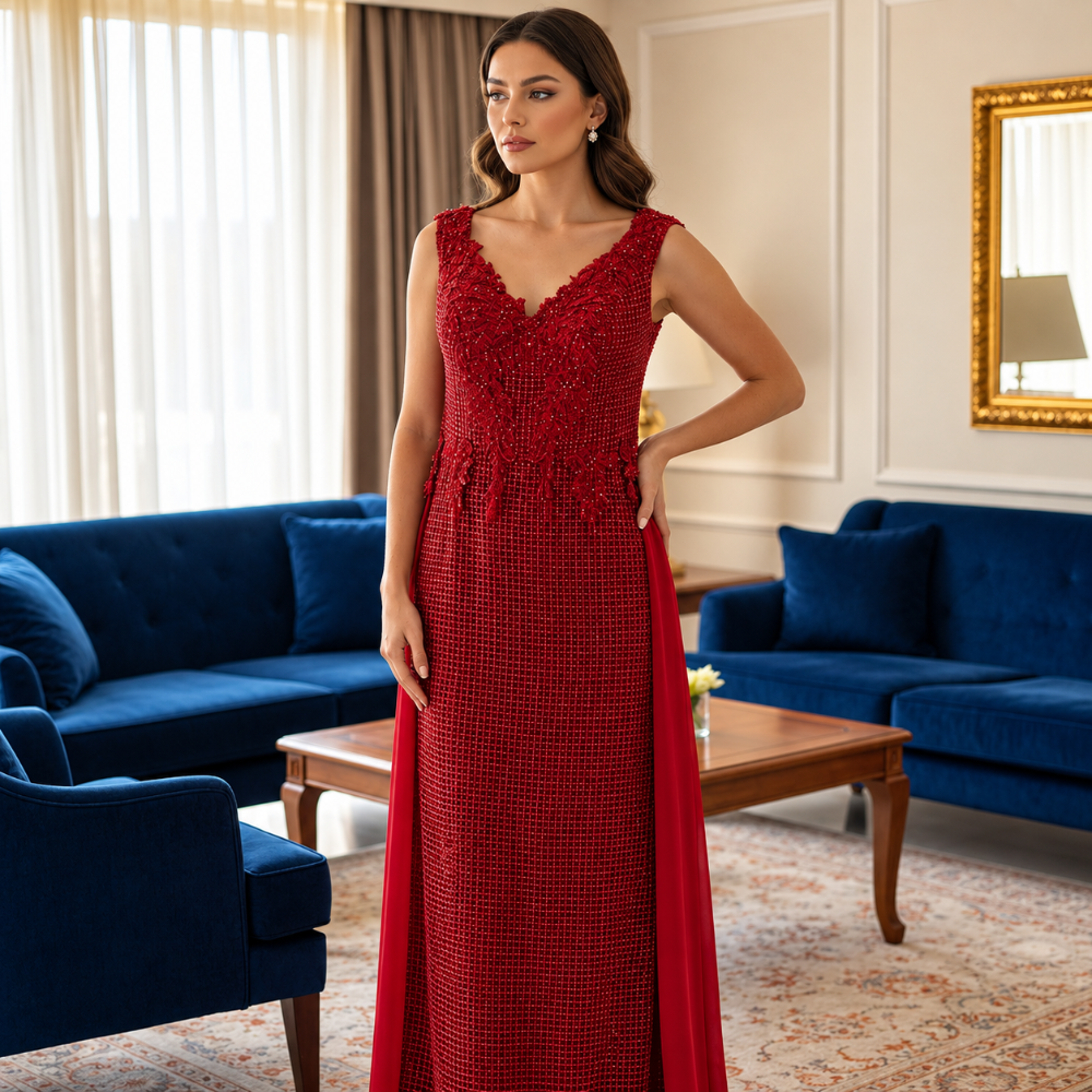 Shop online from our exclusive website. Discover the Valerie red evening gown featuring floral lace, intricate beadwork, a grid-patterned mesh overlay, and a flattering floor-length silhouette for weddings, galas, and special occasions.
