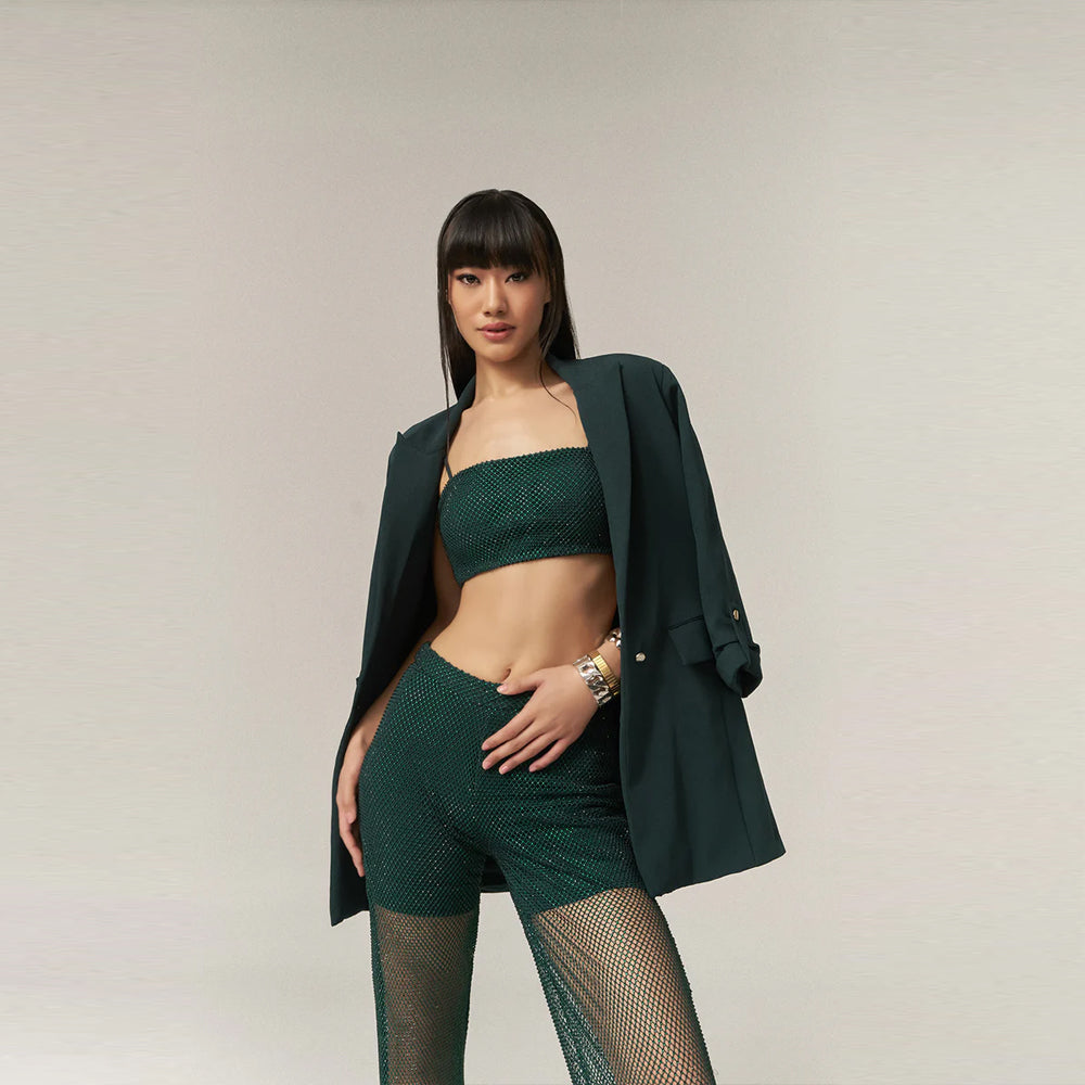 Swarovski 3 piece set with blazer, bustier and pants, perfect for parties. Shop online from our curated edit of premium fashion.