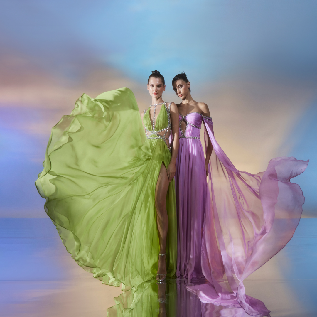 Vibrant Lilac chiffon dress, off-shoulder cape sleeves silhouette featuring silver embellished borders.