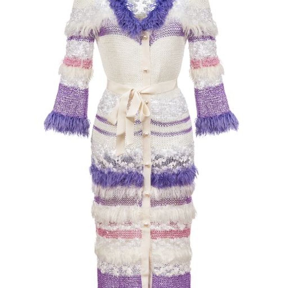 Violet Multicolor Knit Cardigan-Dress With Pearl Buttons is spun from a soft silk blend.