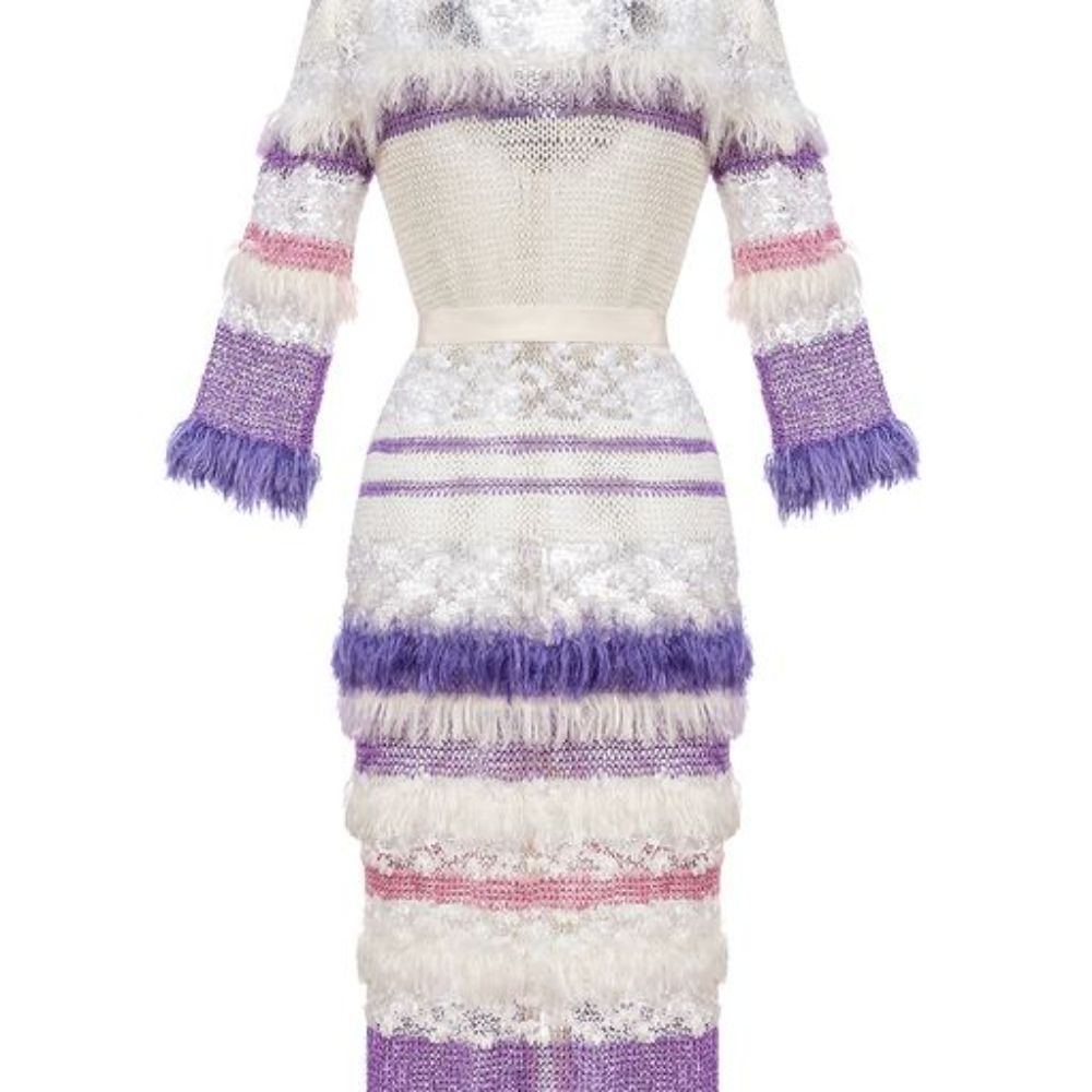 Violet Multicolor Knit Cardigan-Dress With Pearl Buttons is spun from a soft silk blend.