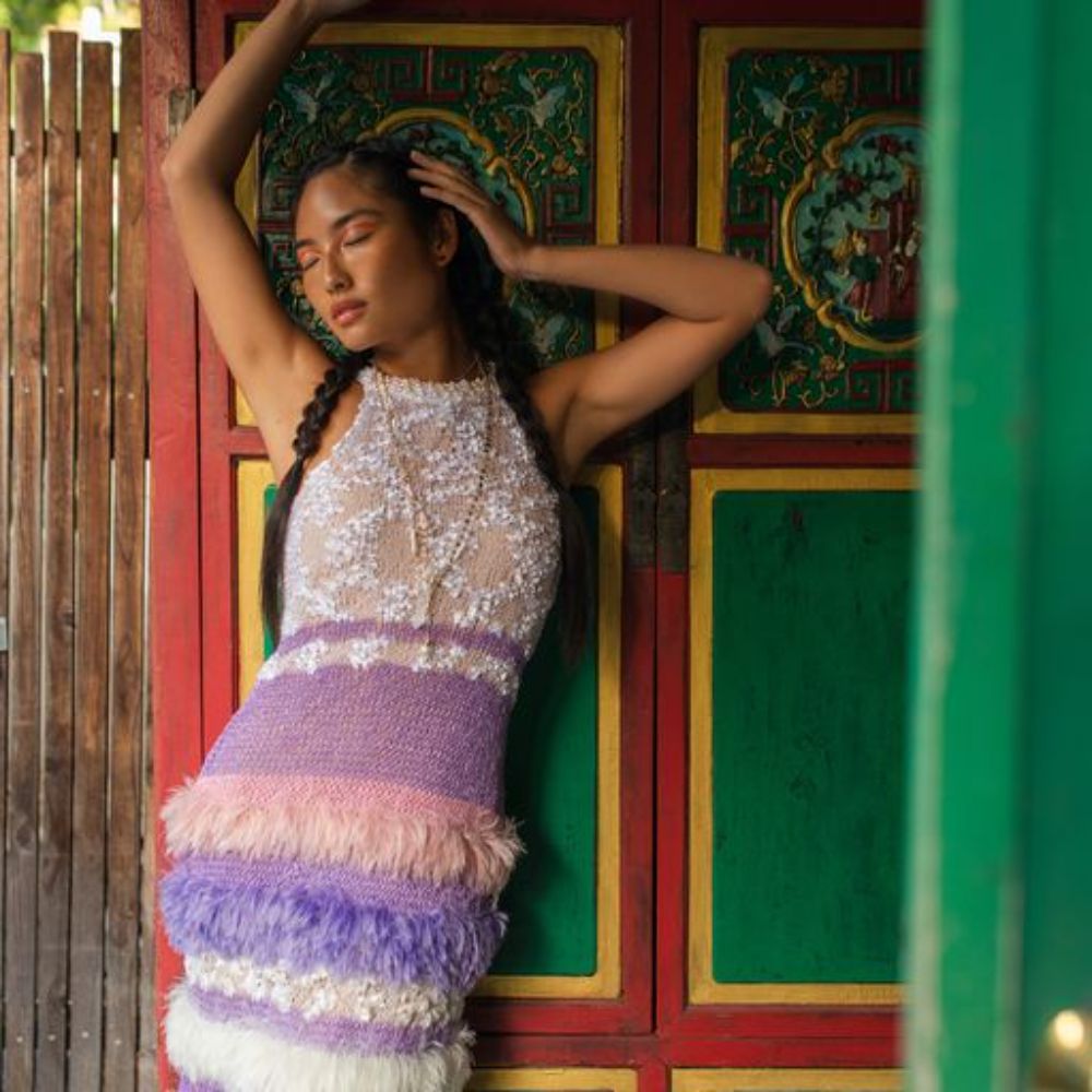 Violet multicolor handmade knit dress spun from high-quality yarn.