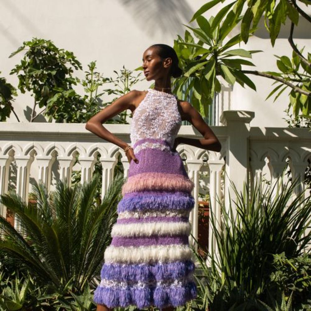 Violet multicolor handmade knit dress spun from high-quality yarn.