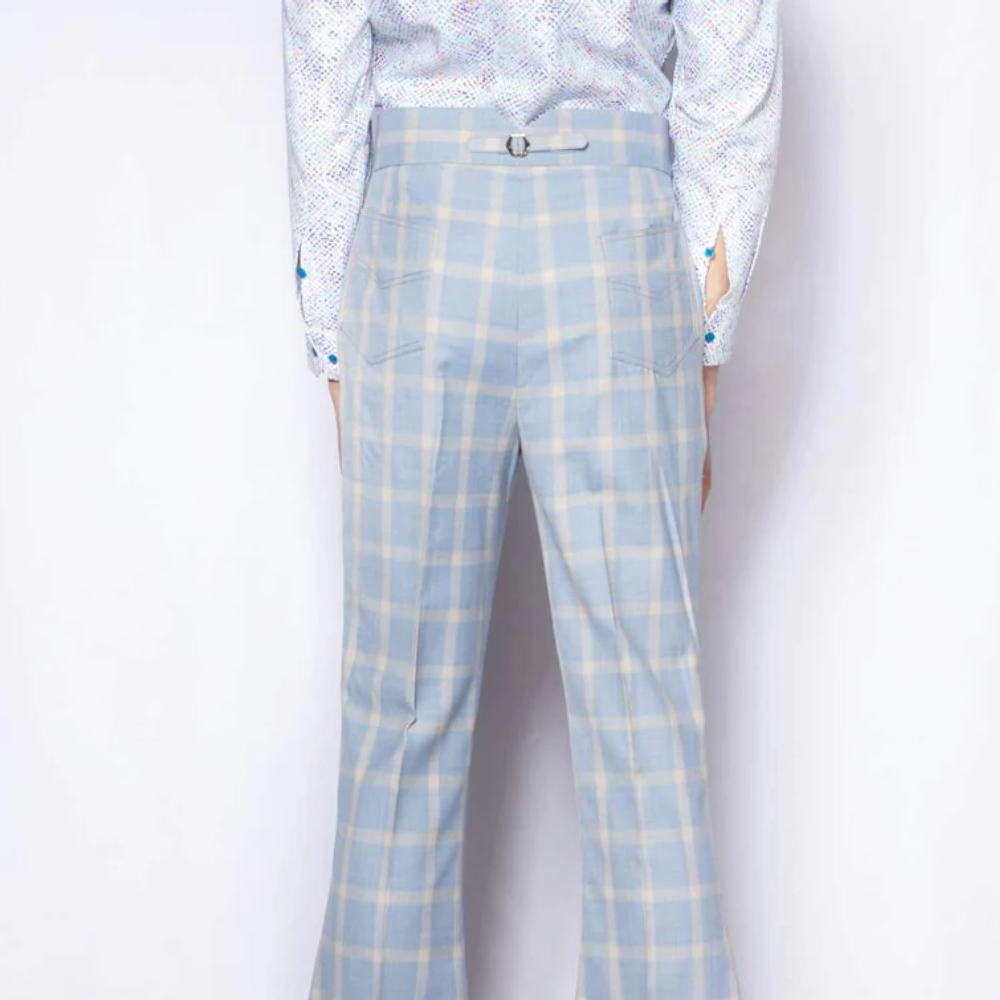 VintageStyled High-Waisted Trousers with Bell Bottoms and Plaid Pattern are Made from Imported Lightweight Merino Wool Fabric