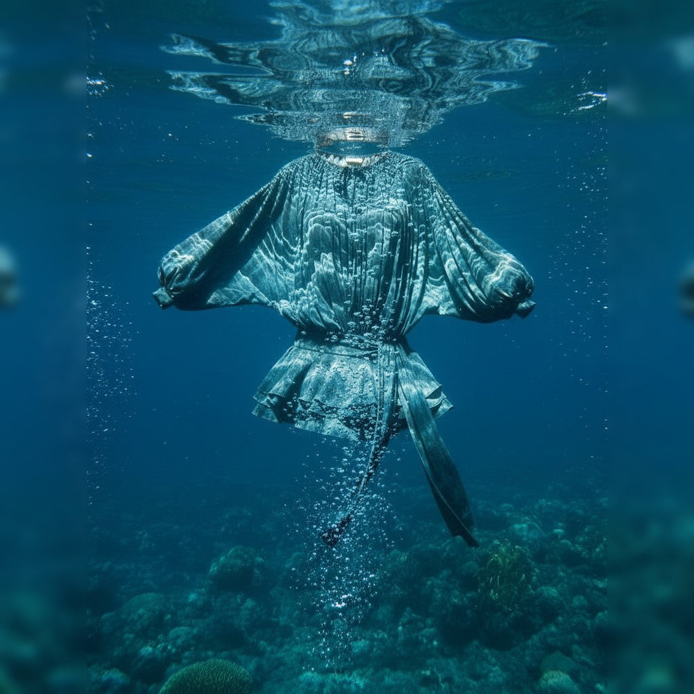 Shop online from our exclusive website and discover the Whale Harmony Draped Eucalyptus Dress by Benedetti Life, crafted from TENCEL™ Lyocell for fluid elegance and sustainable luxury.