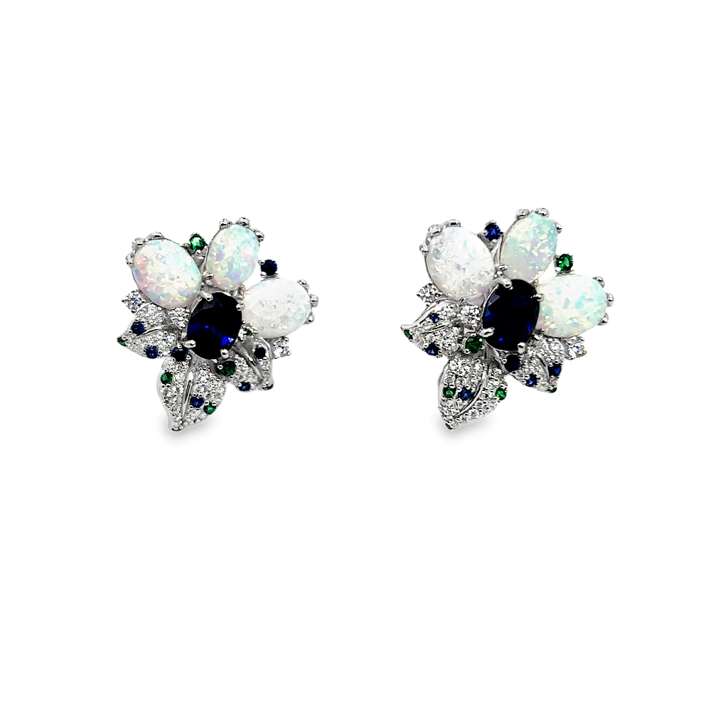 Shop online premium sterling silver opal earrings with blue sapphire and CZ stones.