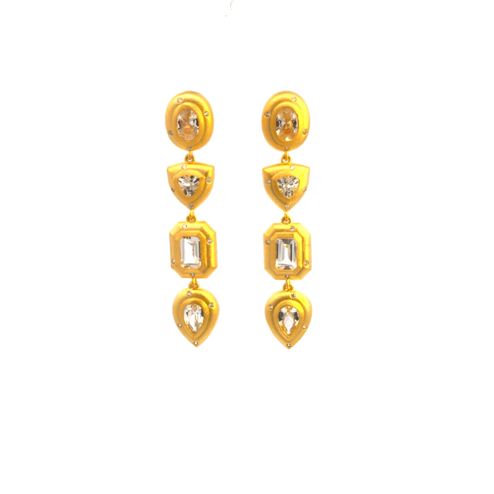 Shop online premium 18K gold shoulder duster earrings with white sapphire and CZ stones.