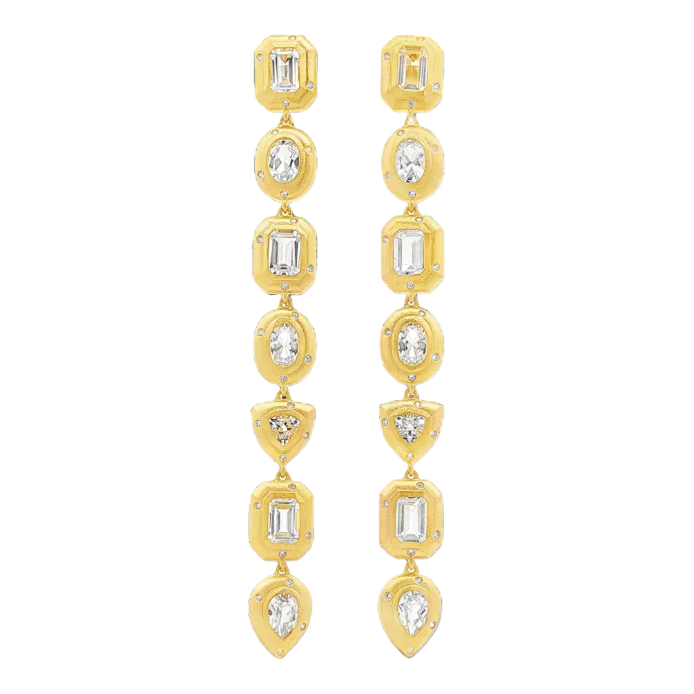 Shop online premium 18K gold shoulder duster earrings with white sapphire and CZ stones.