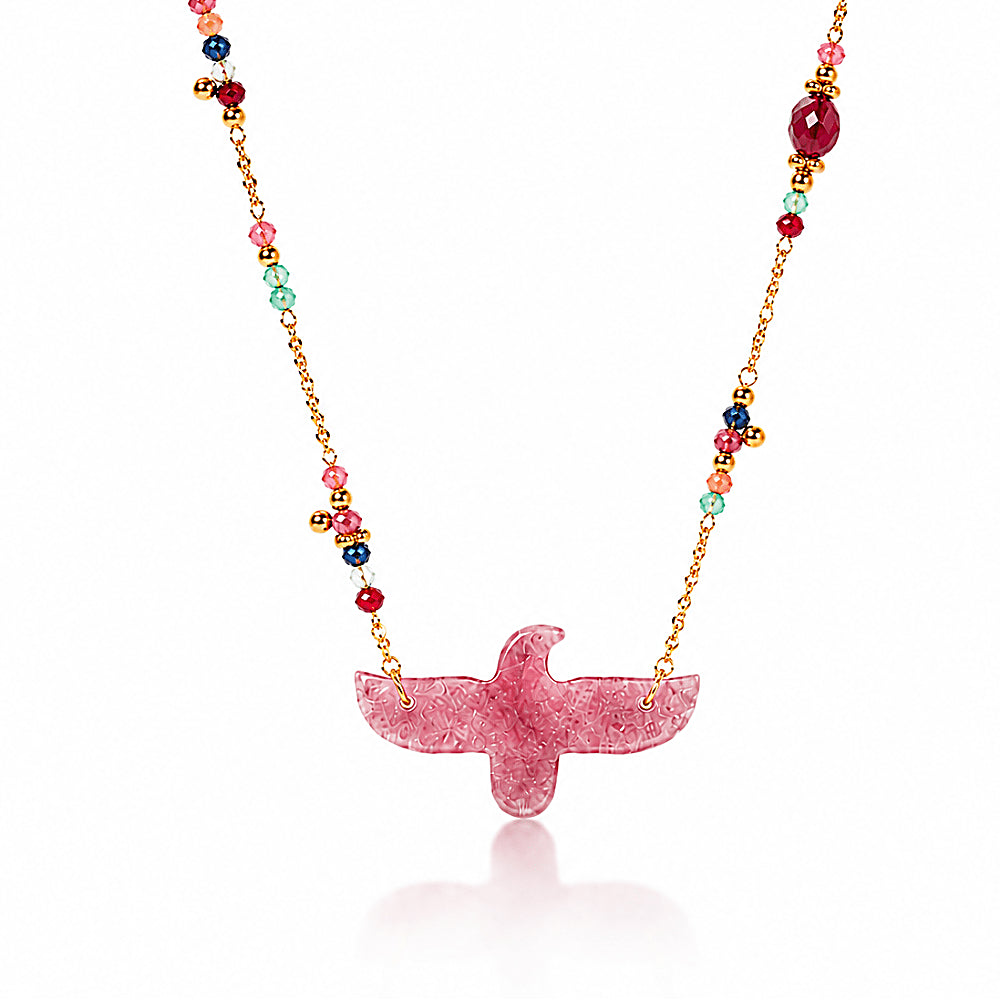 Discover the Wildwing Strawberry Quartz Eagle Necklace at The Luxe Maison, featuring natural gemstones and 18K gold-plated accents.