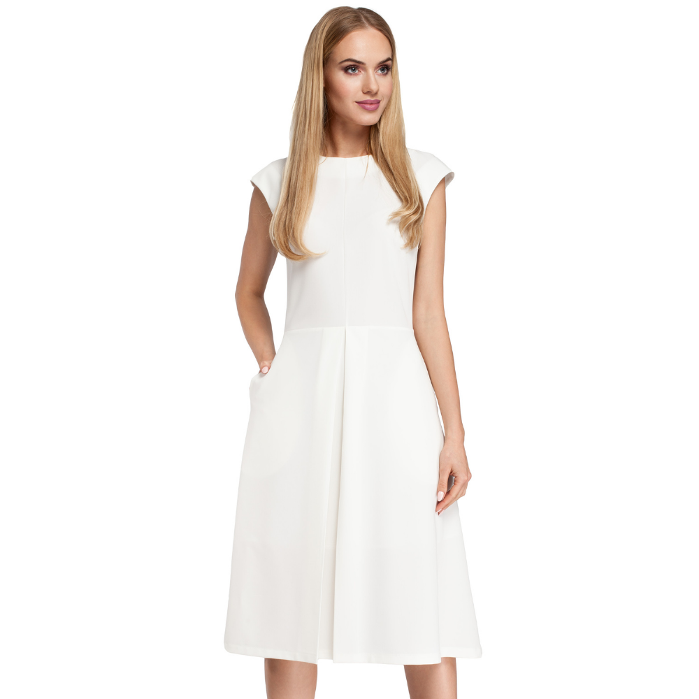 Woven fabric; midi length dress; fitted bodice; cap sleeves; A line skirt with inverted pleat; hidden back zip.