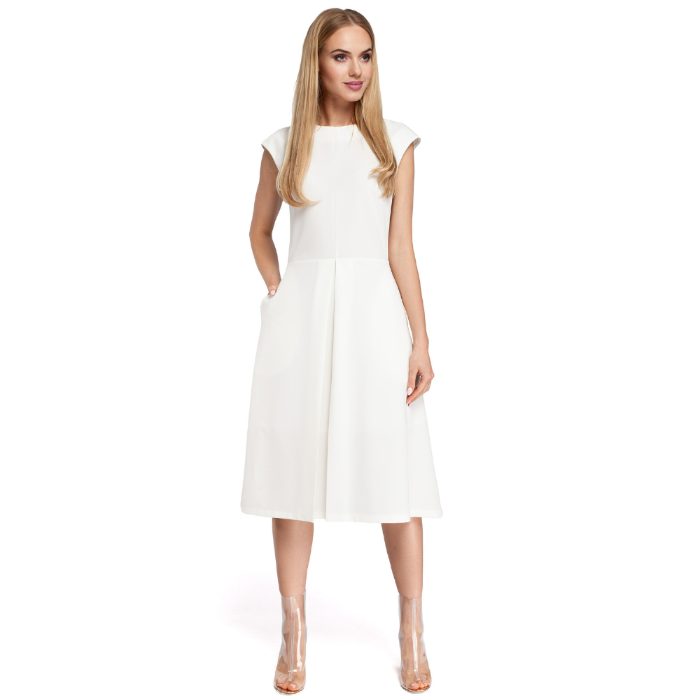 Woven fabric; midi length dress; fitted bodice; cap sleeves; A line skirt with inverted pleat; hidden back zip.