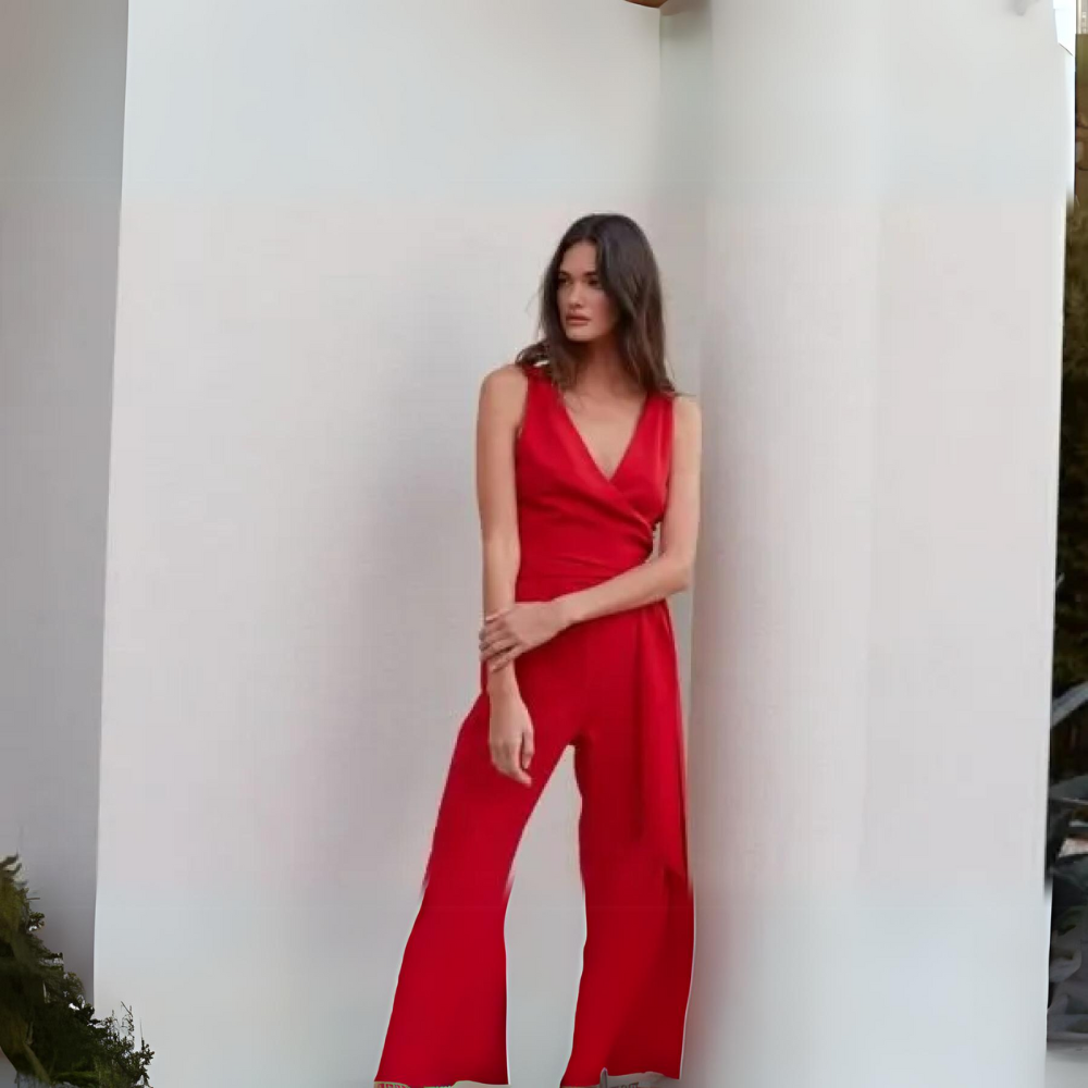 Our wrap Jumpsuit is made in lightweight and allows for versatile styling options whether your mood is dressy or casual. 