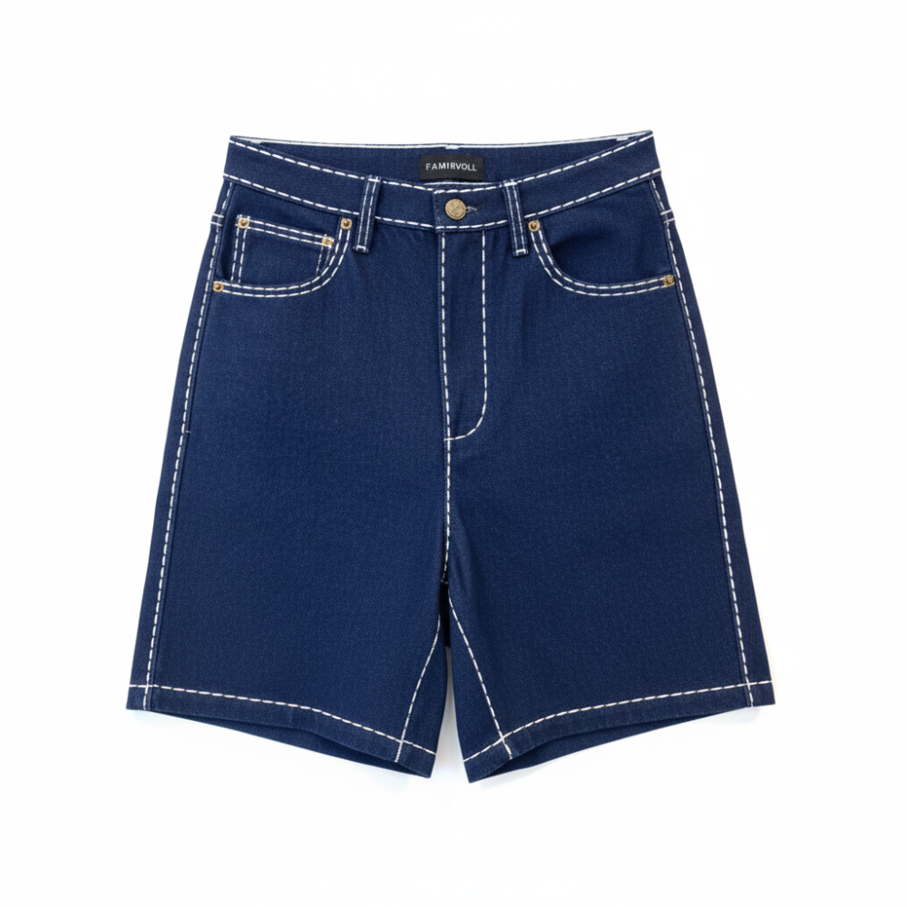 High-waisted sustainable denim shorts with contrast stitching. Your perfect summer staple. Shop premium styles online.