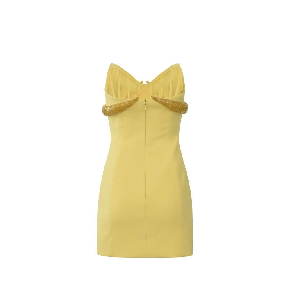 A sweetheart neckline yellow crepe mini dress, with embroidered detail.