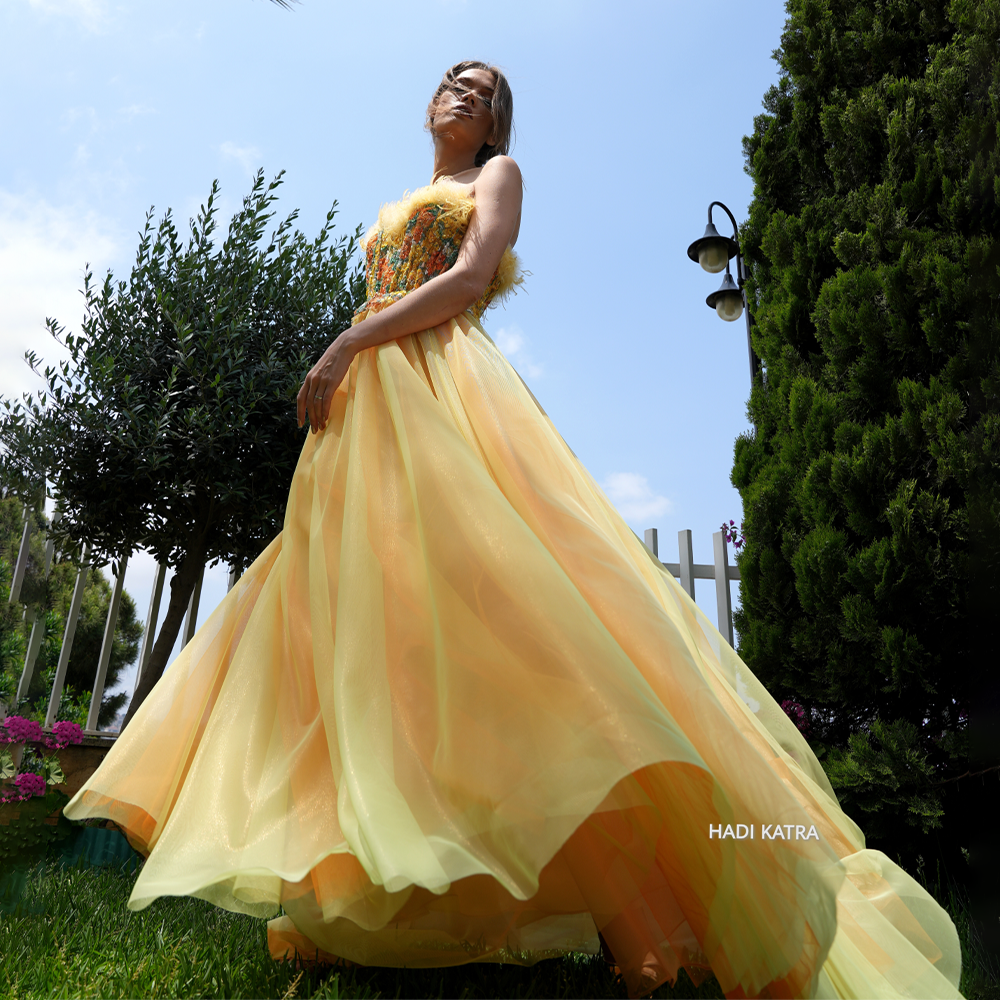 Yellow tulle dress with embroidered multicolor lace bodice and feathers.