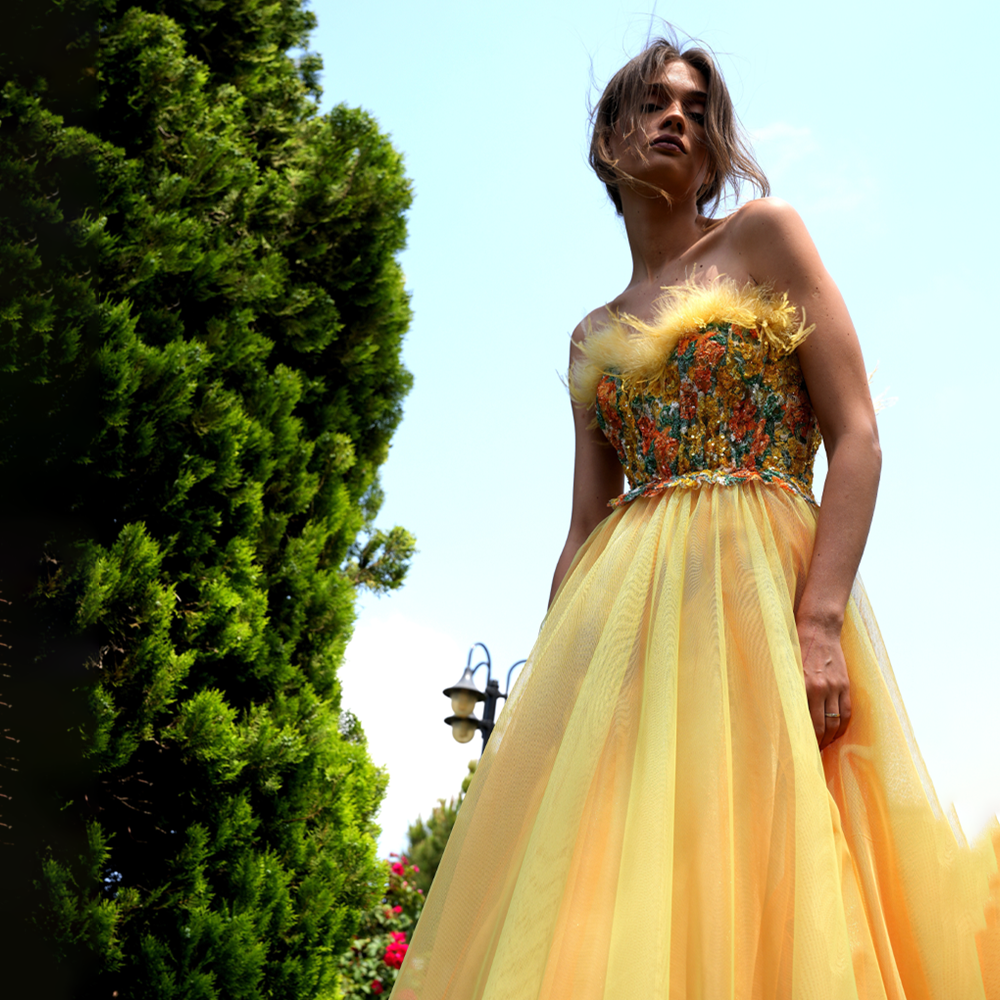 Yellow tulle dress with embroidered multicolor lace bodice and feathers.