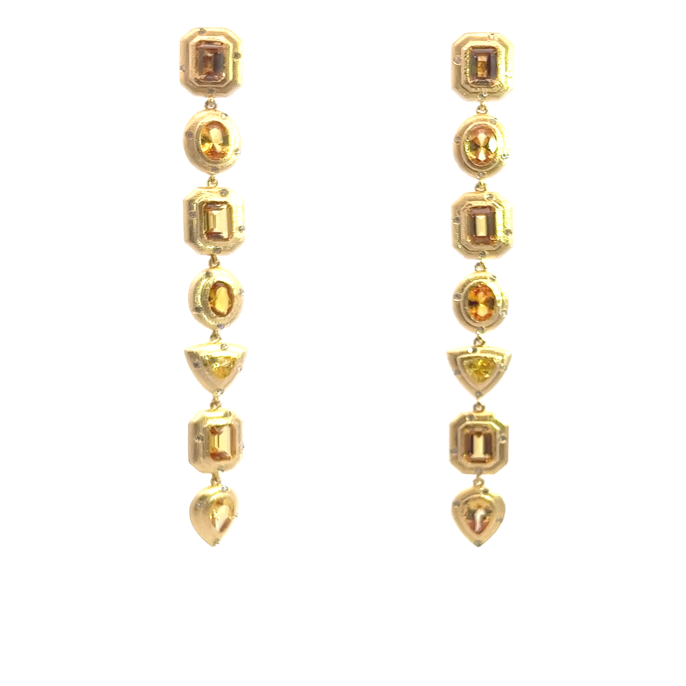 Shop online premium 18K gold shoulder duster earrings with yellow sapphire and CZ stones.