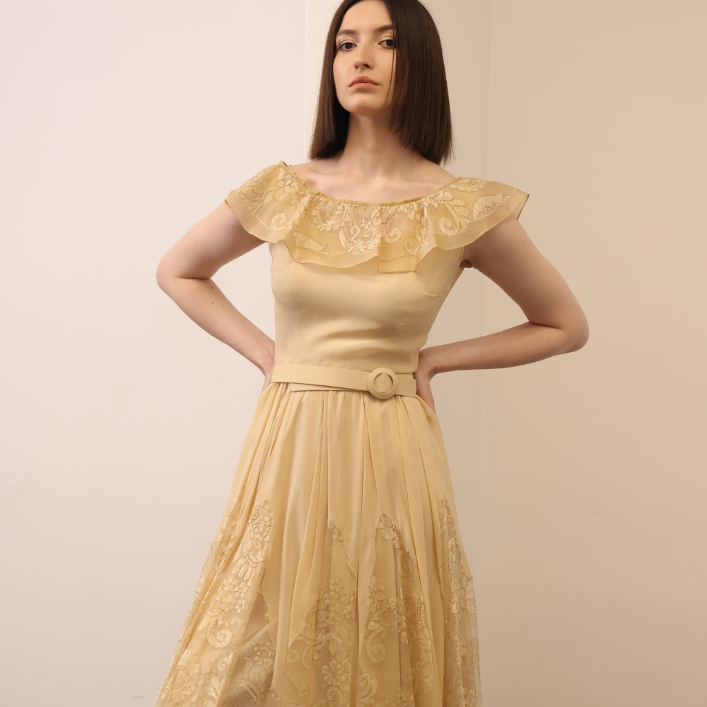 Yellow crepe dress with yellow and gold lace