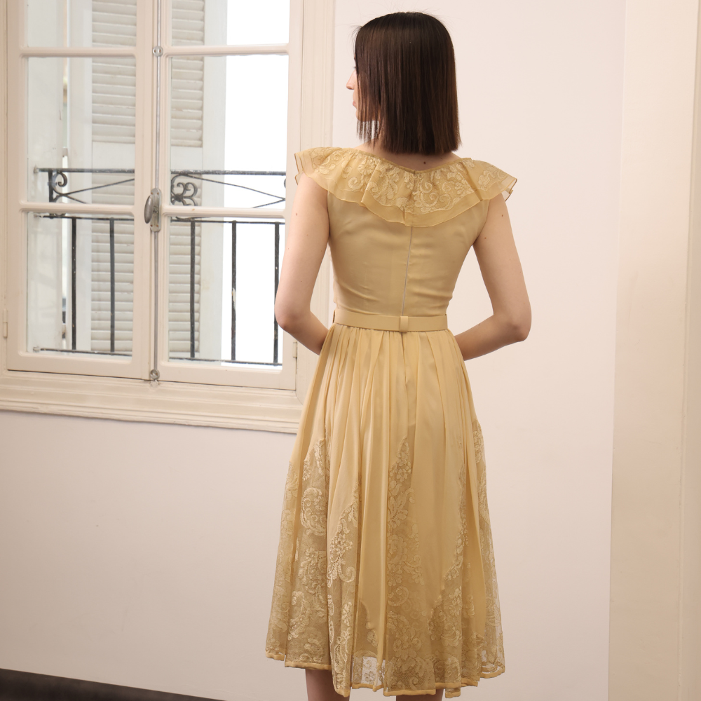 Yellow crepe dress with yellow and gold lace